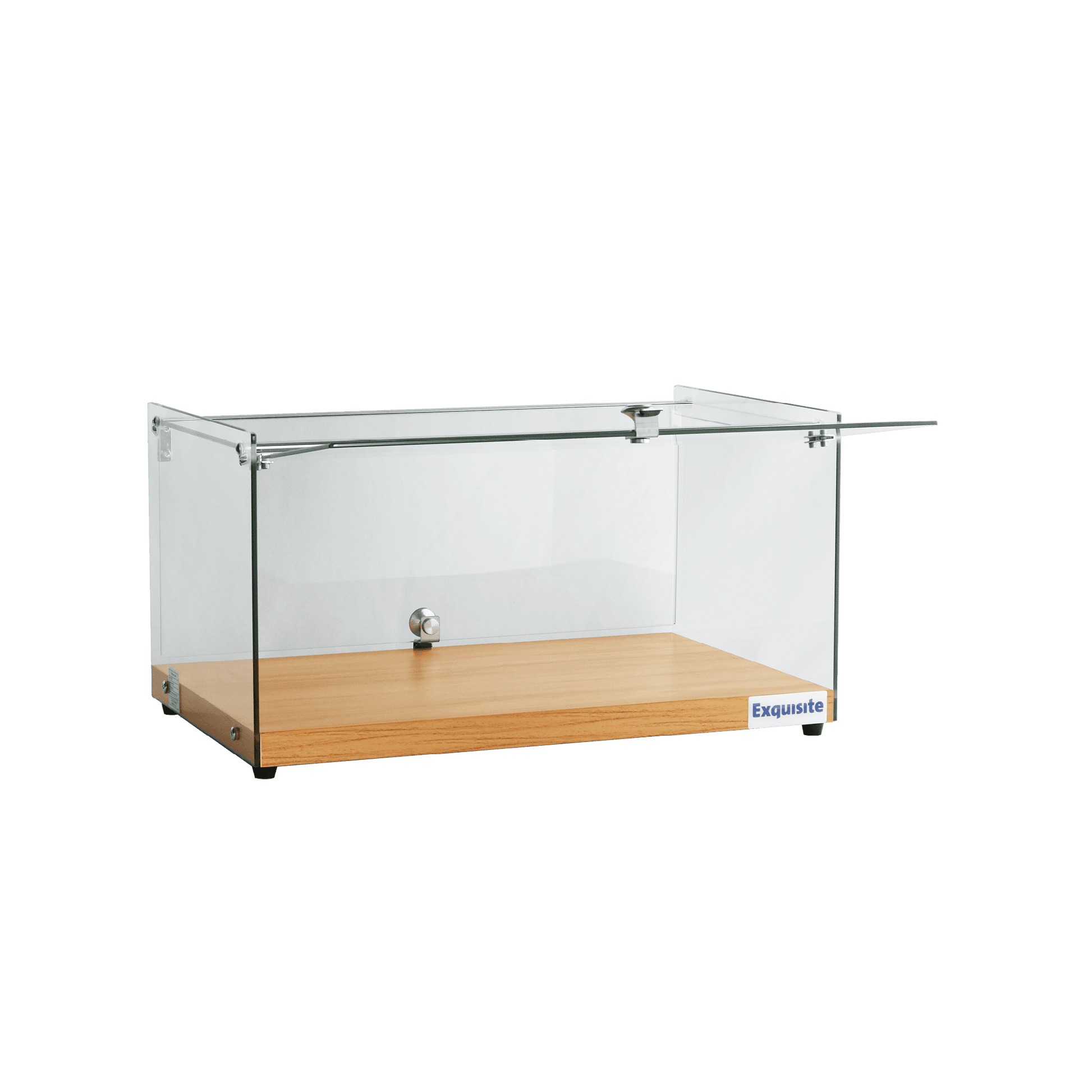 One-tier ambient cake display with flat clear glass and elegant walnut base.