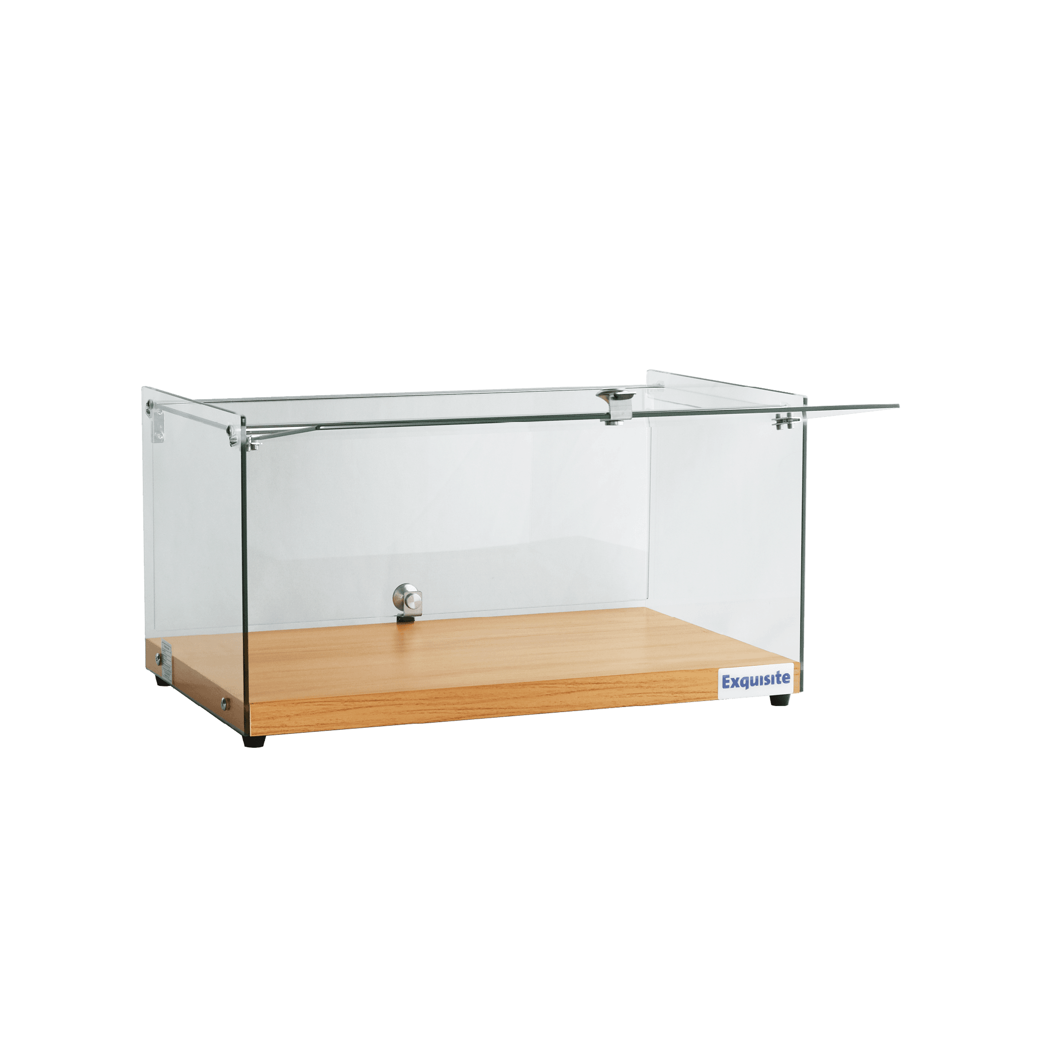One-tier ambient cake display with flat clear glass and elegant walnut base.