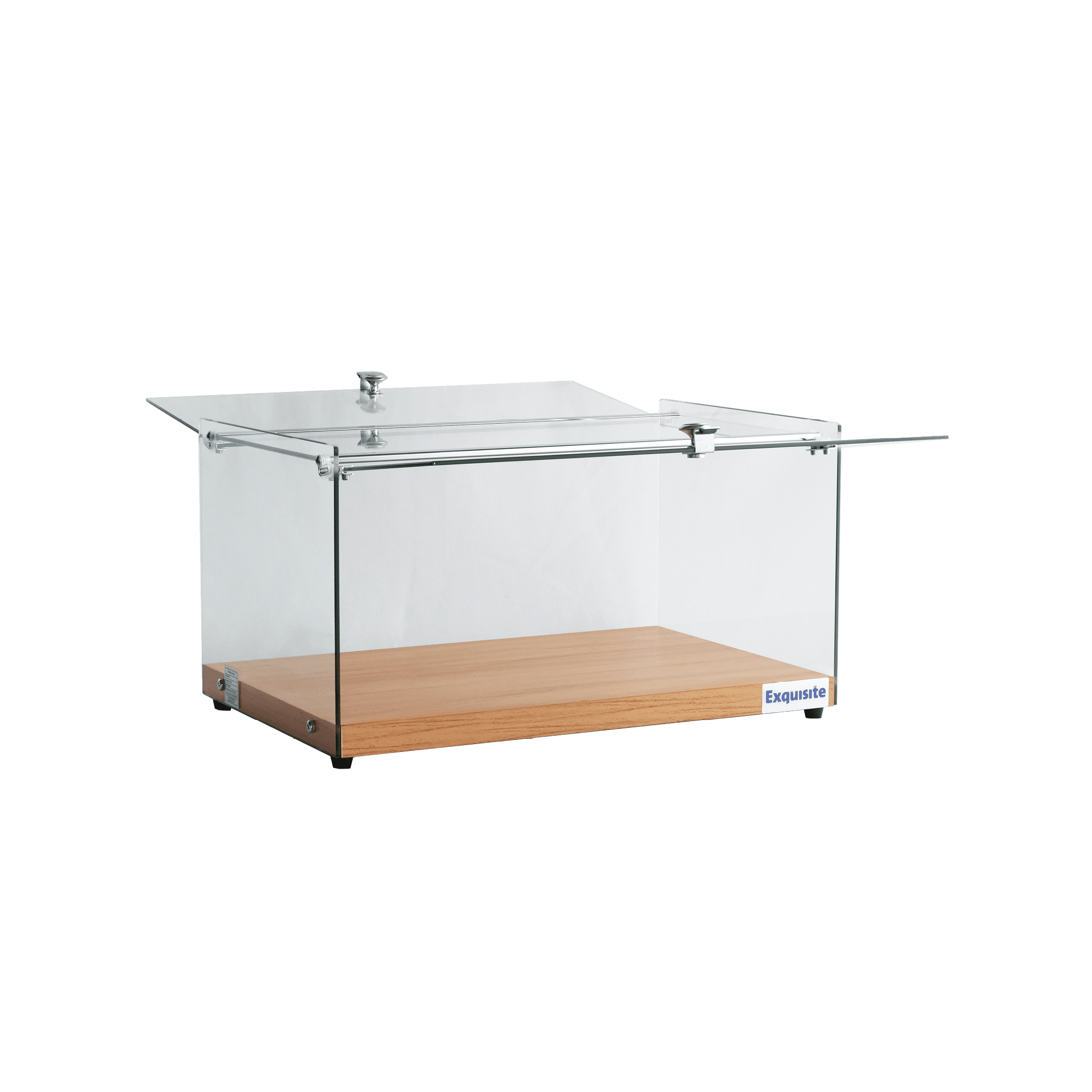 Glass ambient cake display with hinged lid and walnut wood base, rectangular shape.