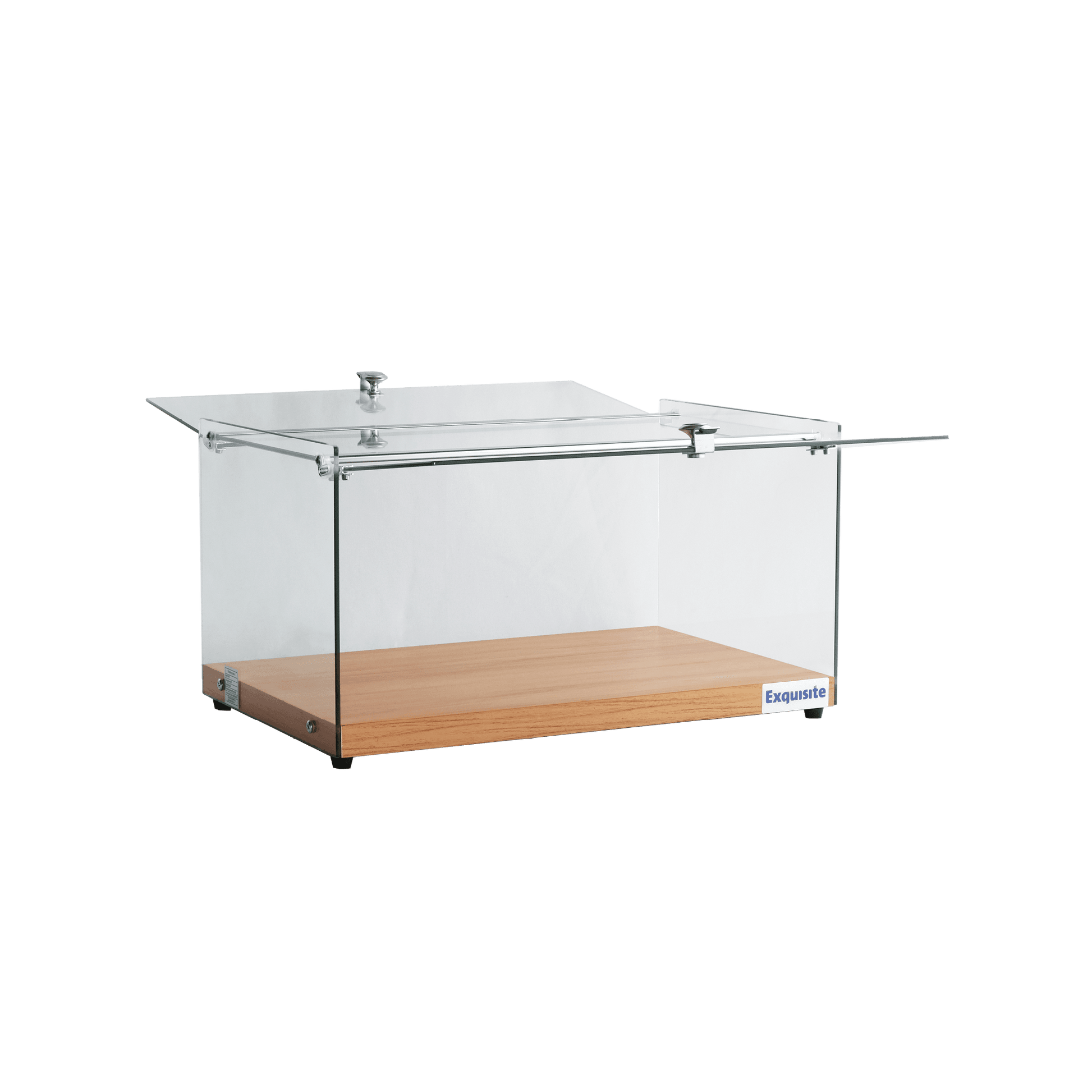 Black one-tier ambient cake display with flat glass panels and woodgrain base, 35-litre capacity.