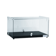 Black woodgrain base cake display with clear flat glass dome and chrome knobs, 35-liter capacity.