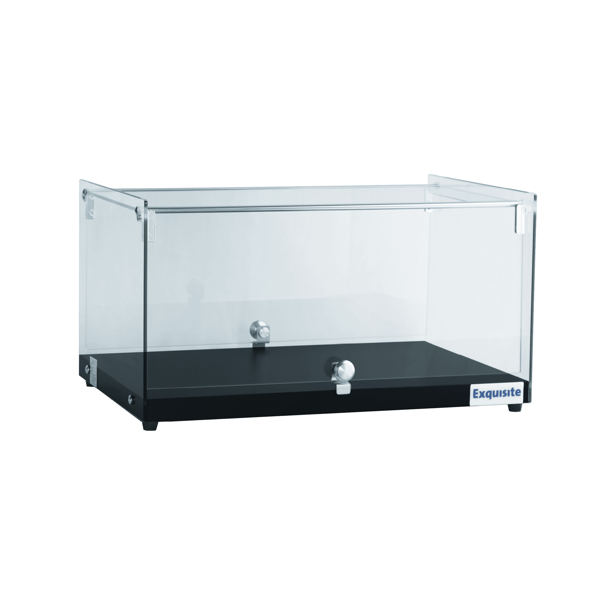 Black woodgrain base cake display with clear flat glass dome and chrome knobs, 35-liter capacity.