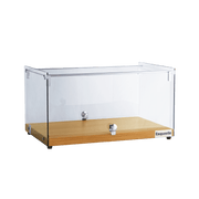 One-tier ambient cake display with flat glass panels and natural oak wood base.