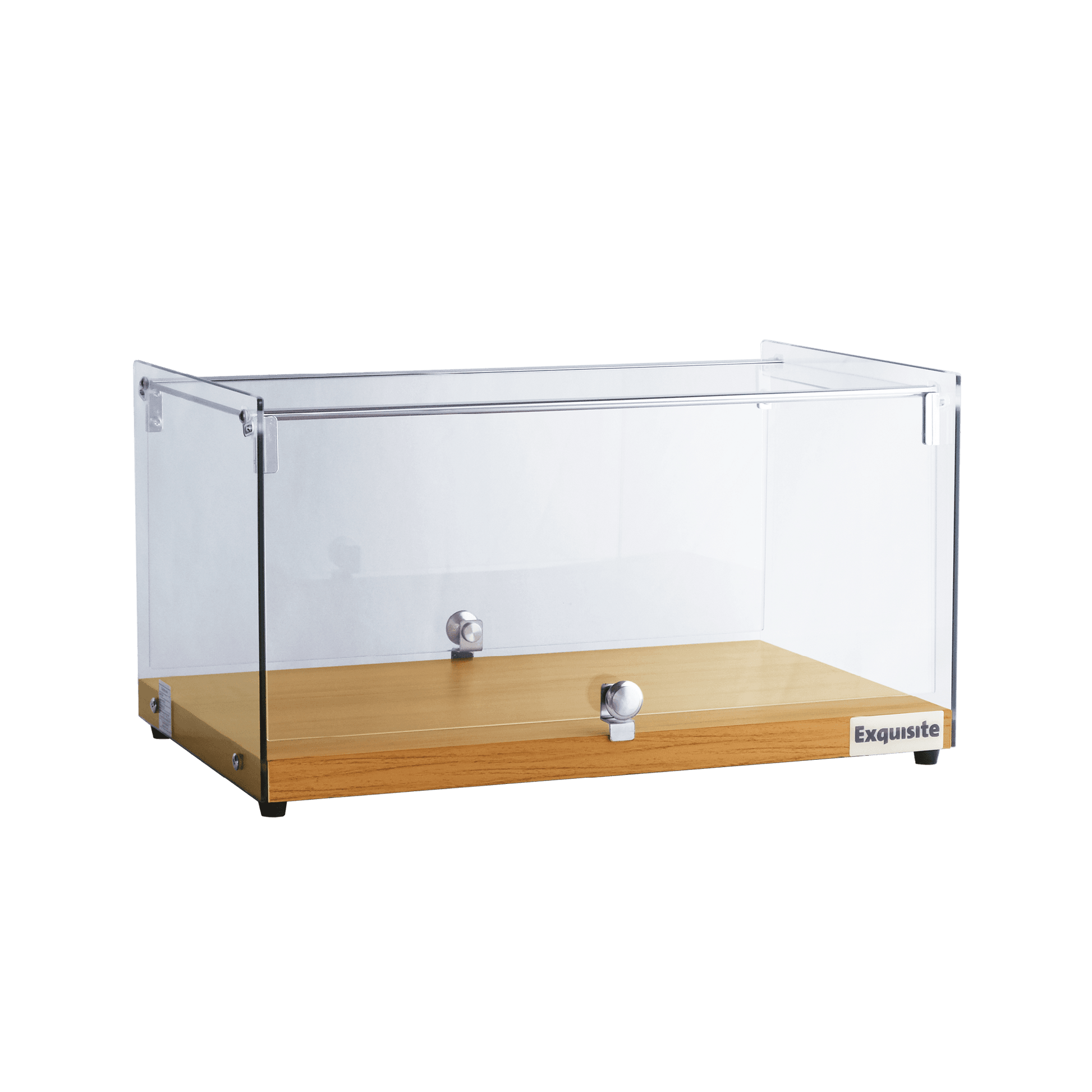 One-tier ambient cake display with flat glass panels and natural oak wood base.