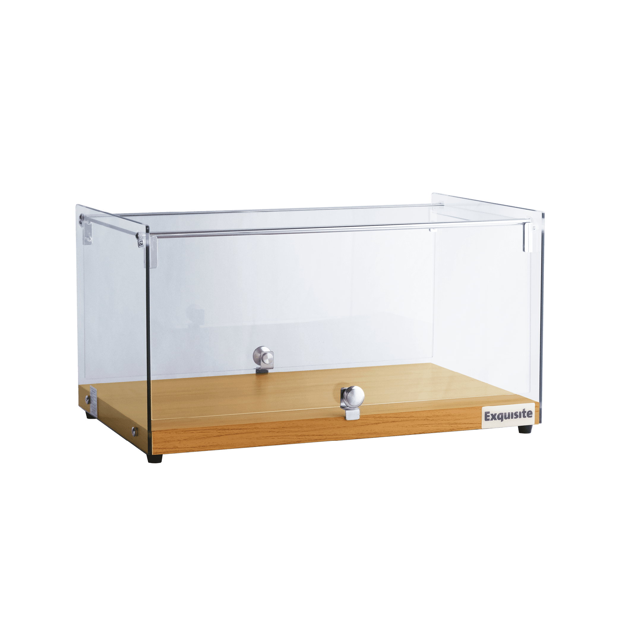 One-tier ambient cake display with flat glass panels and natural oak wood base.
