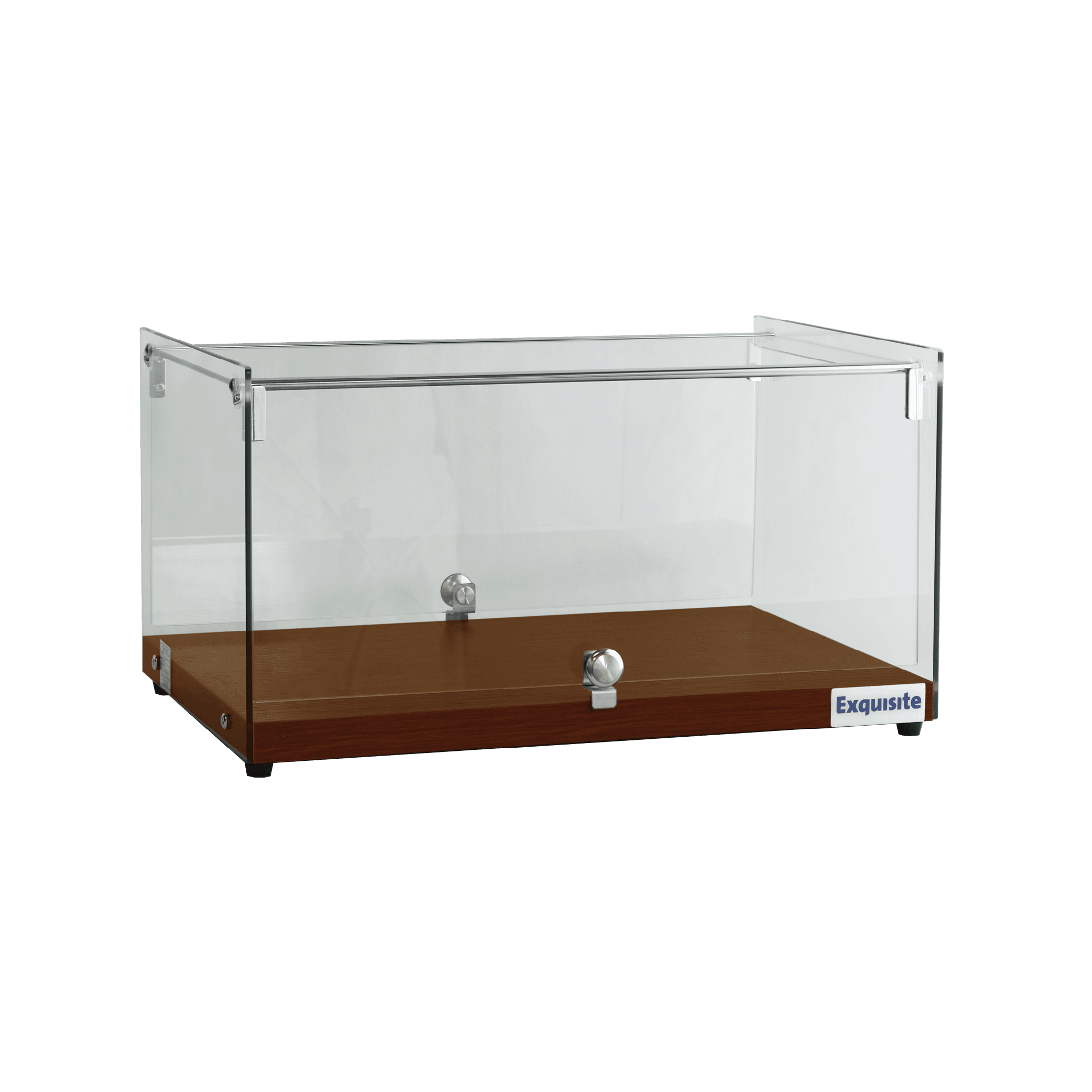 Ambient cake display with flat clear glass and walnut-colored timber base.