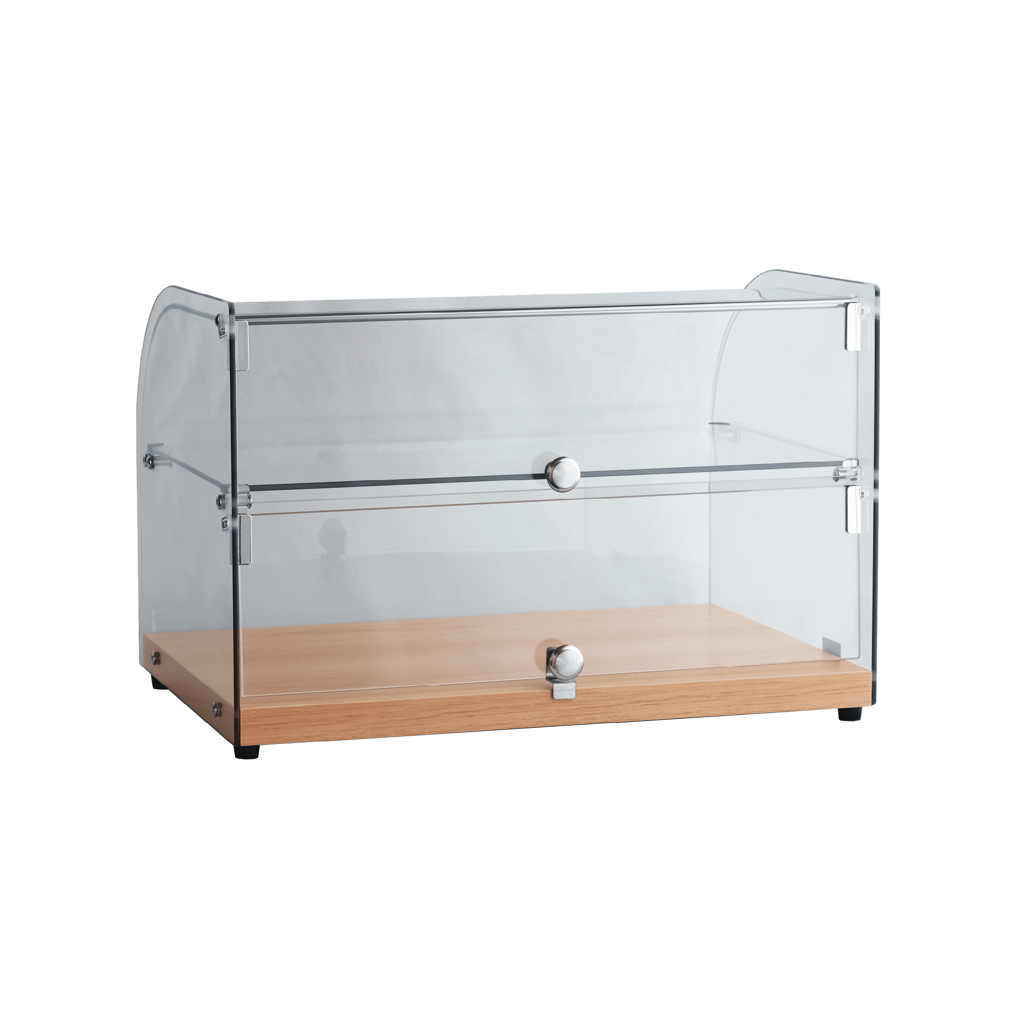 Two-tier curved glass cake display with walnut wood base and chrome handles.