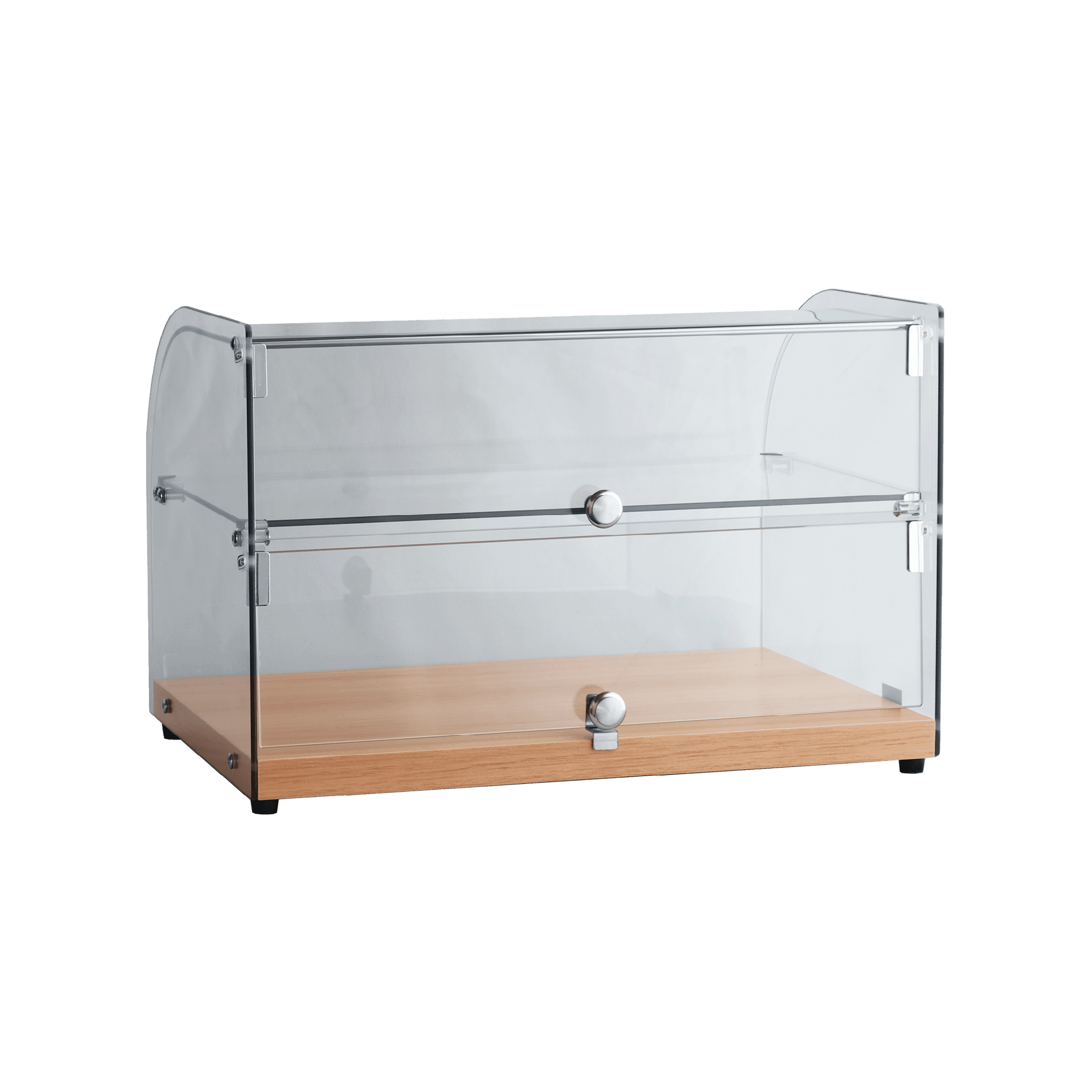 Two-tier curved glass cake display with black woodgrain base and front access doors.