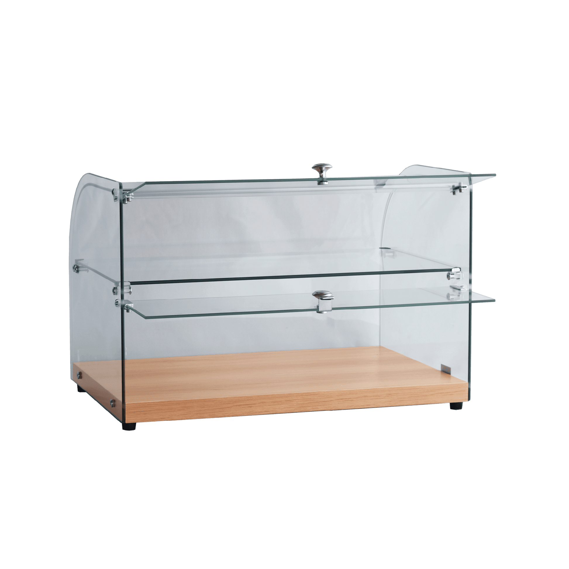 Two-tier curved glass cake display with walnut base and chrome accents, 45-liter capacity.