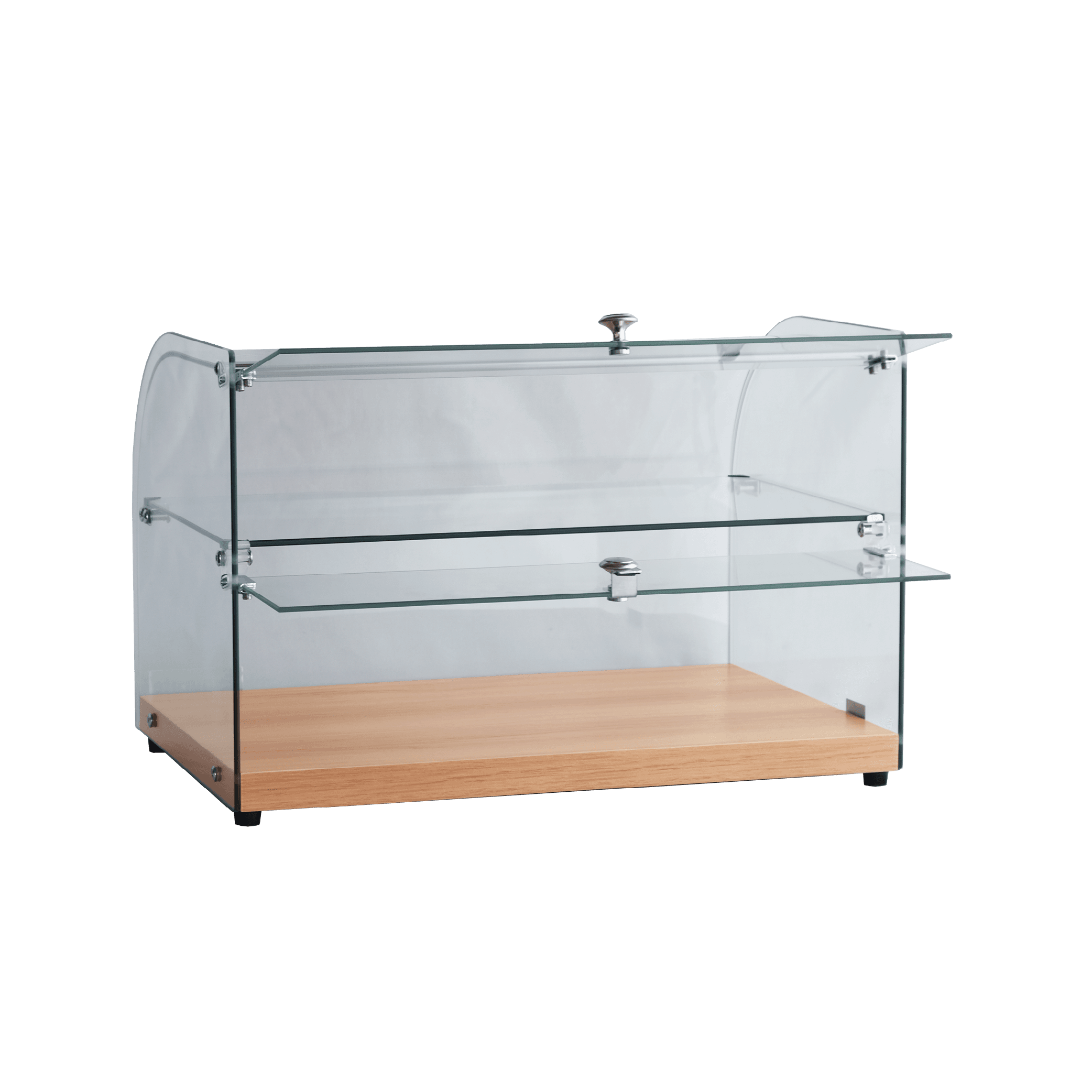 Two-tier curved glass cake display with walnut base and chrome accents, 45-liter capacity.