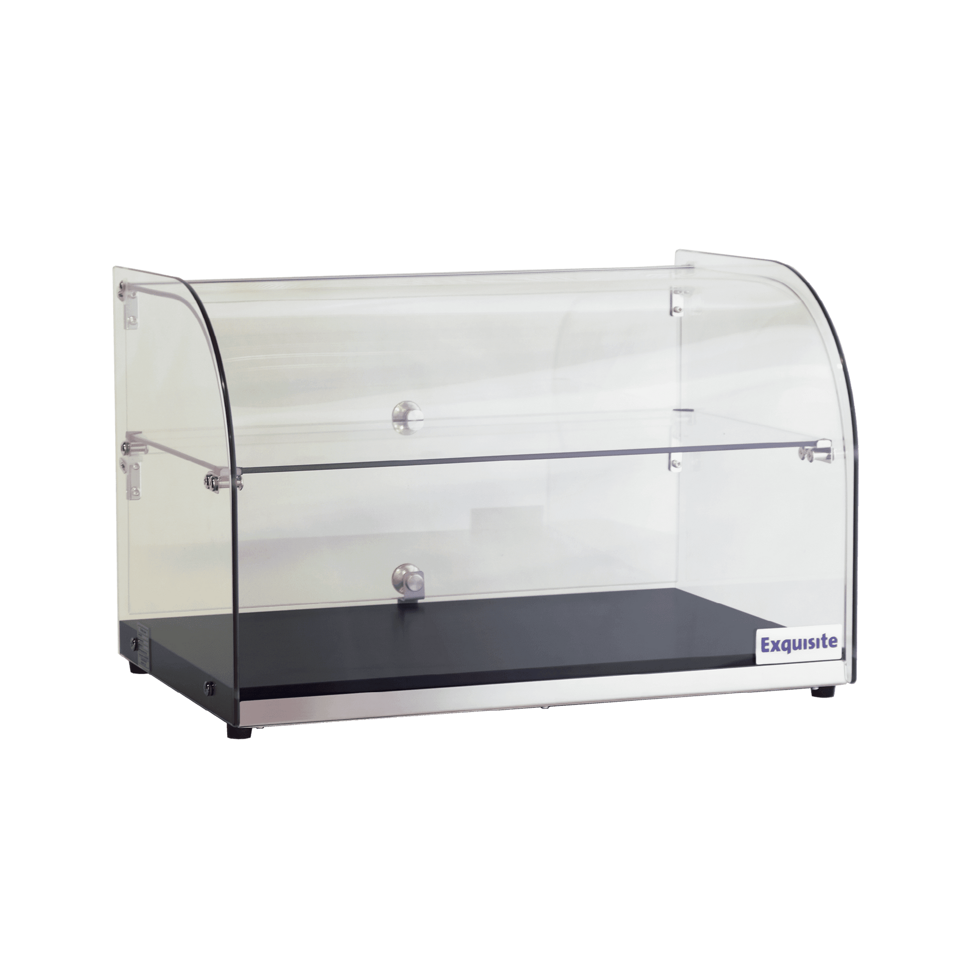 Two-tier curved glass cake display with black woodgrain base and chrome knobs.