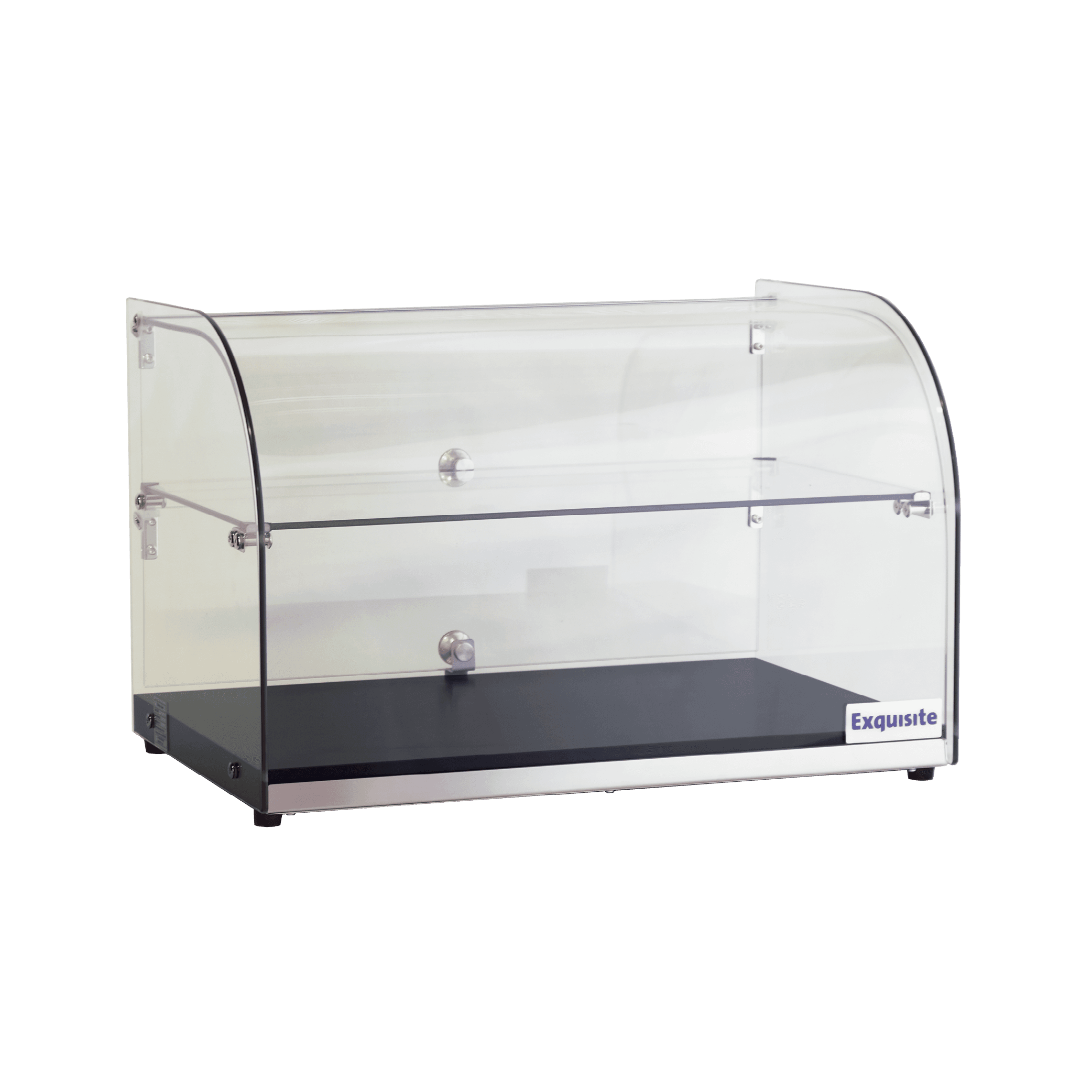 Two-tier curved glass cake display with black woodgrain base and chrome knobs.