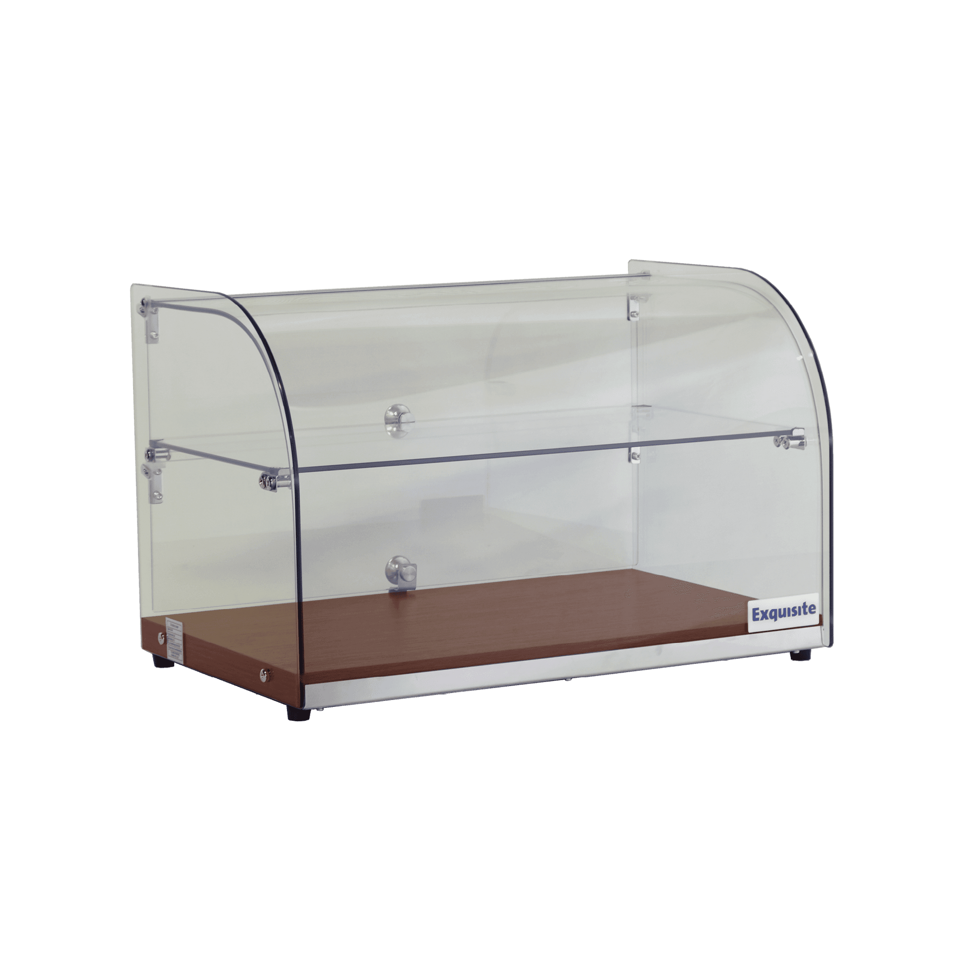 Two-tier curved glass cake display with walnut base and metal hinges.