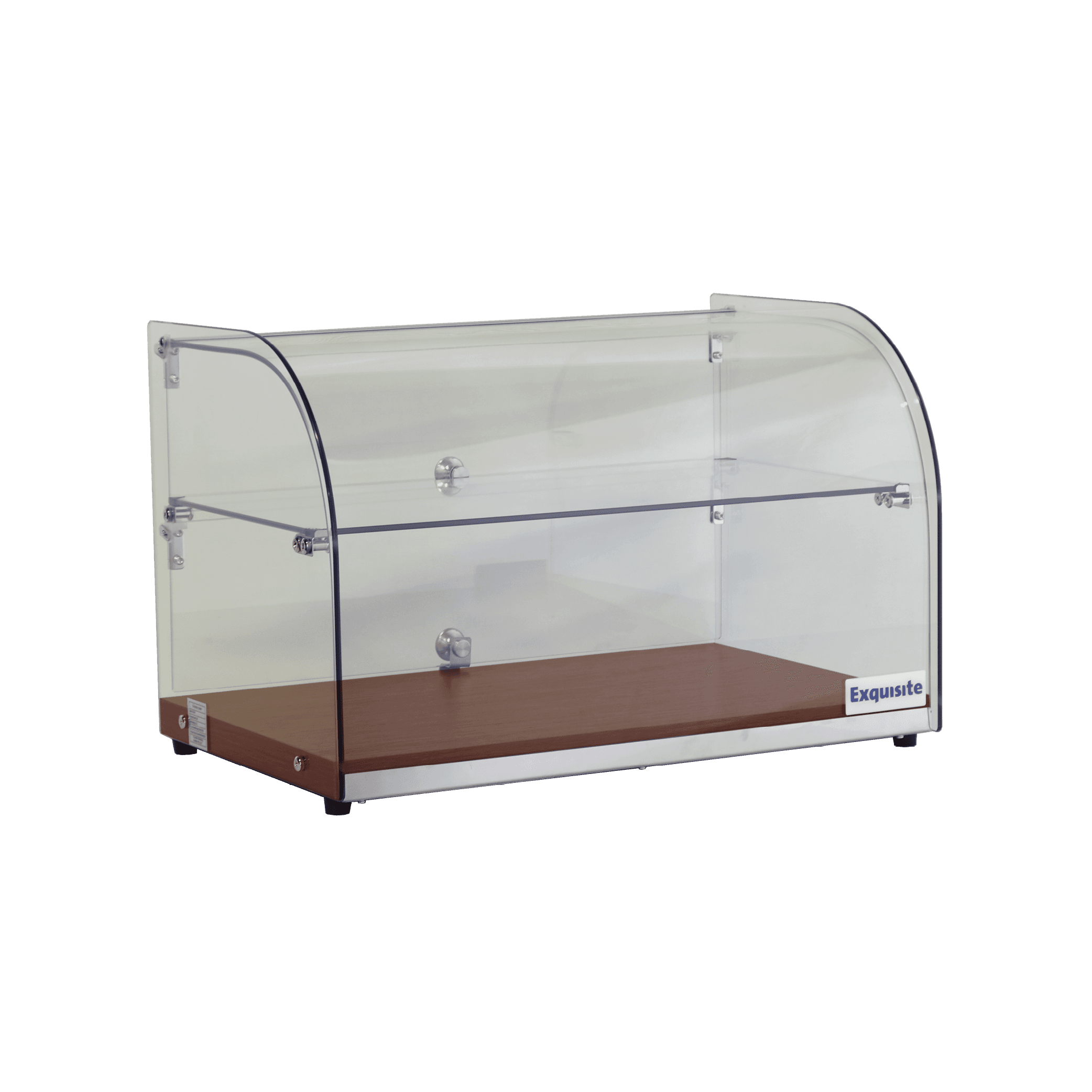 Two-tier curved glass cake display with walnut base and metal hinges.
