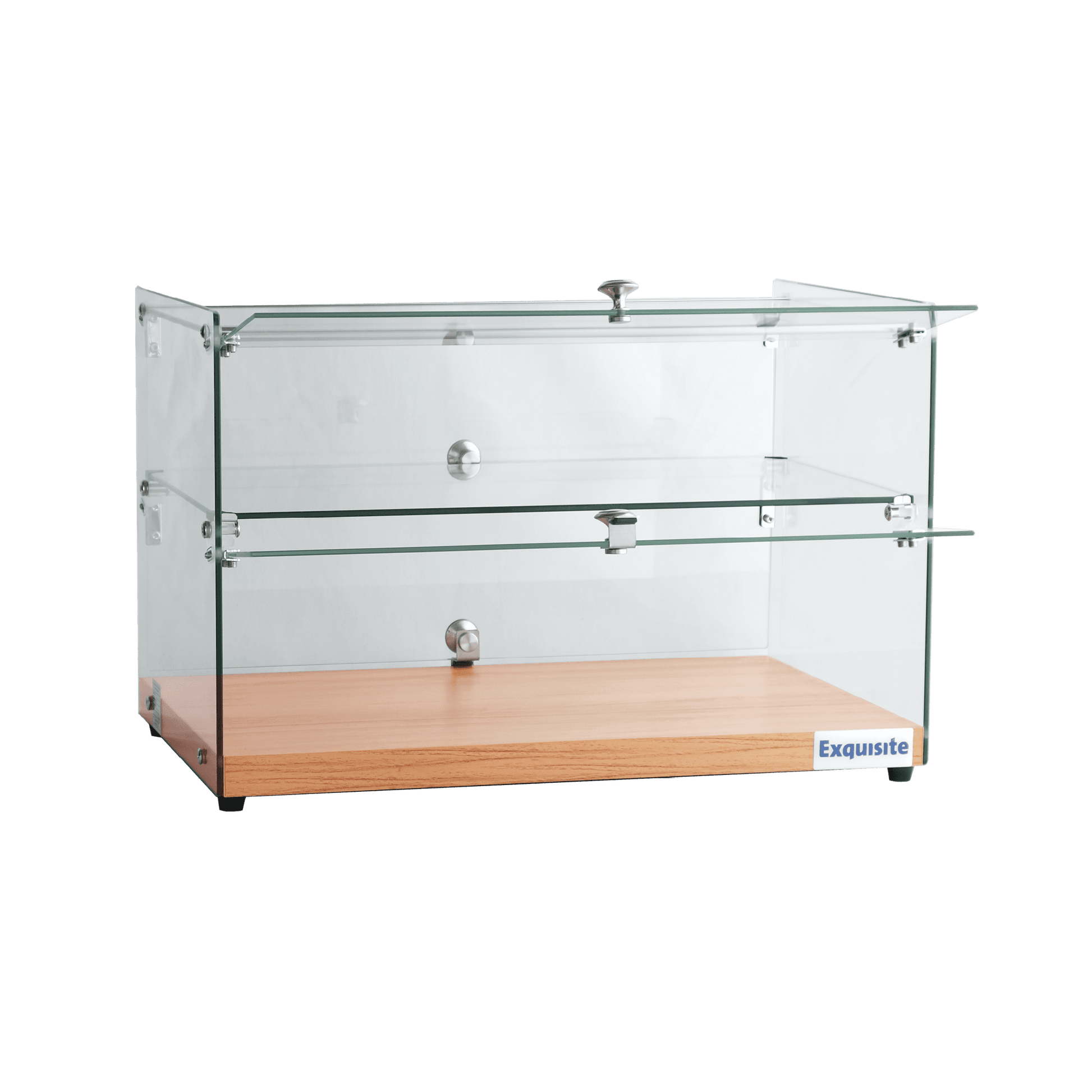 Two-tier flat glass cake display with elegant walnut base and chrome knobs.