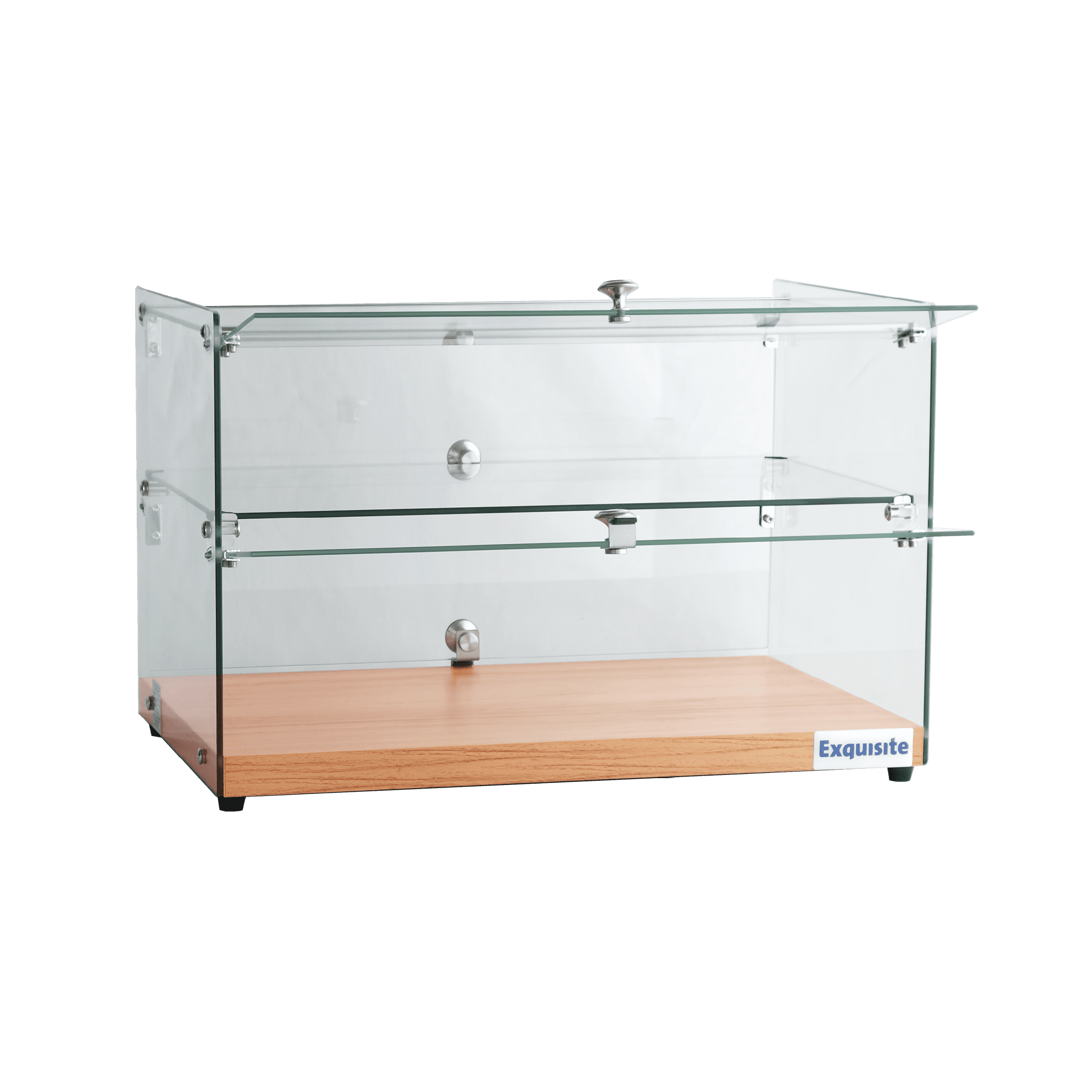 Two-tier ambient cake display with flat glass panels and woodgrain black base.