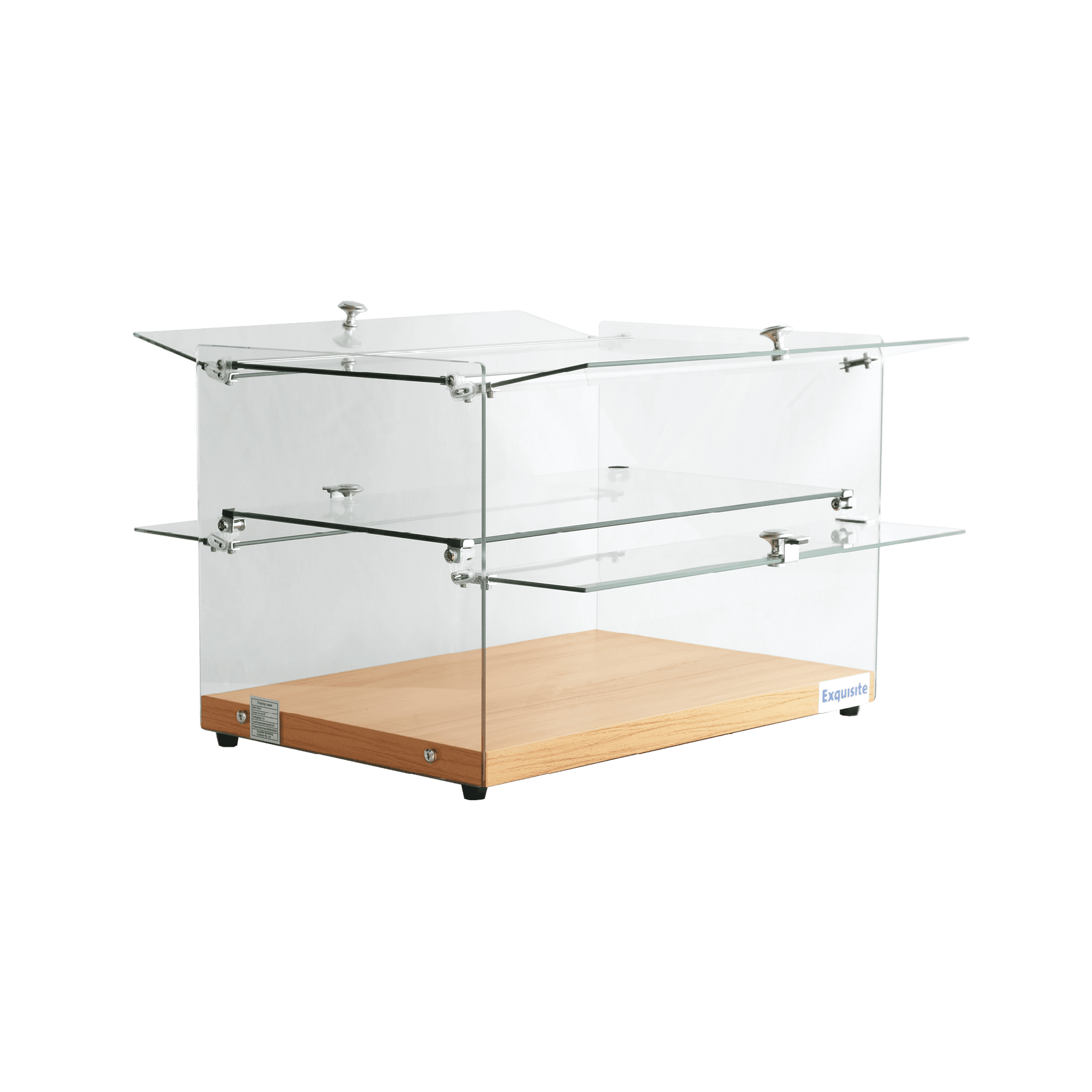 Two-tier ambient cake display with flat glass panels and walnut wood base.