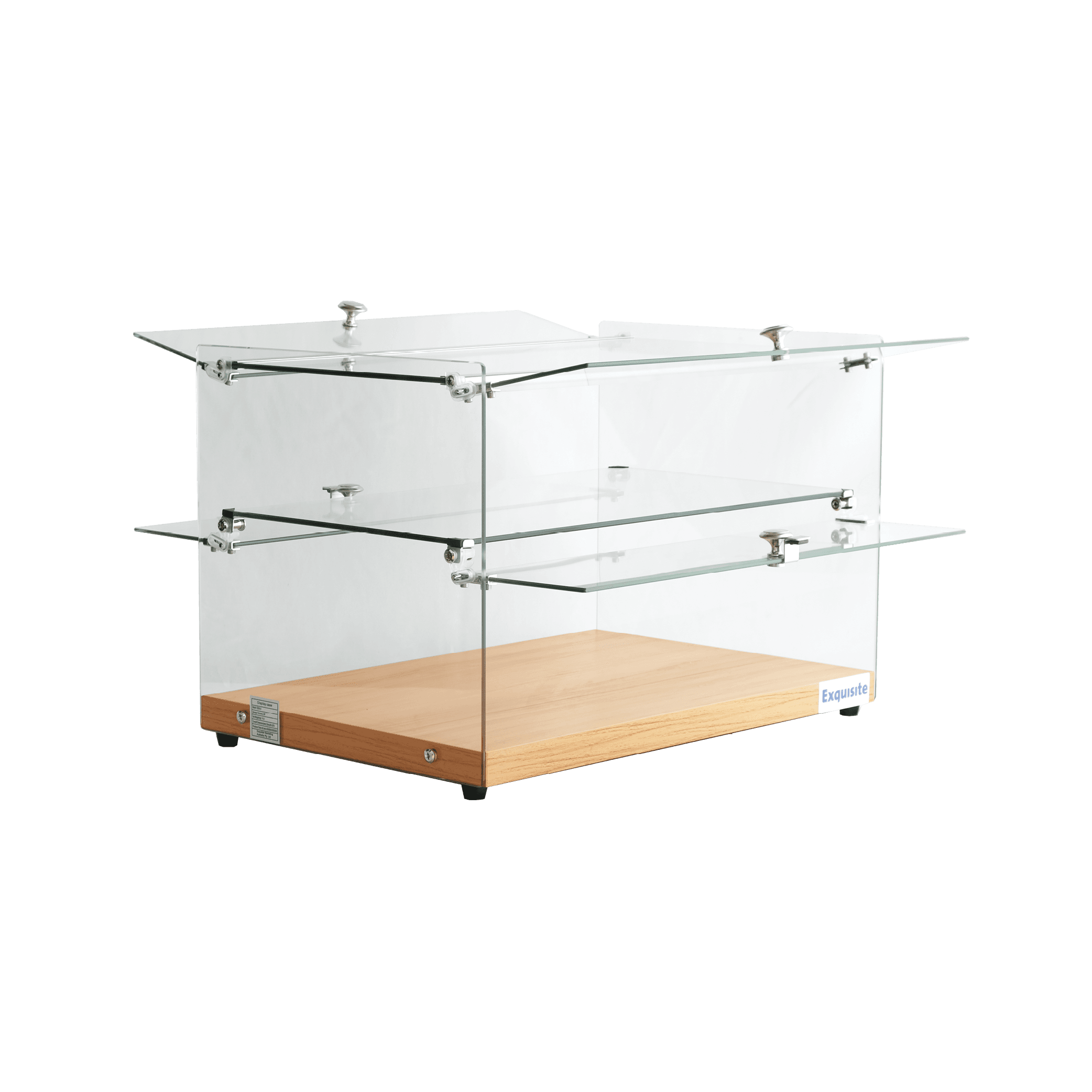 Two-tier ambient cake display with flat glass panels and walnut wood base.