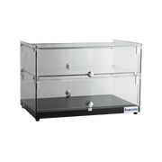 Two-tier black woodgrain ambient cake display with clear flat glass panels and metal knobs.