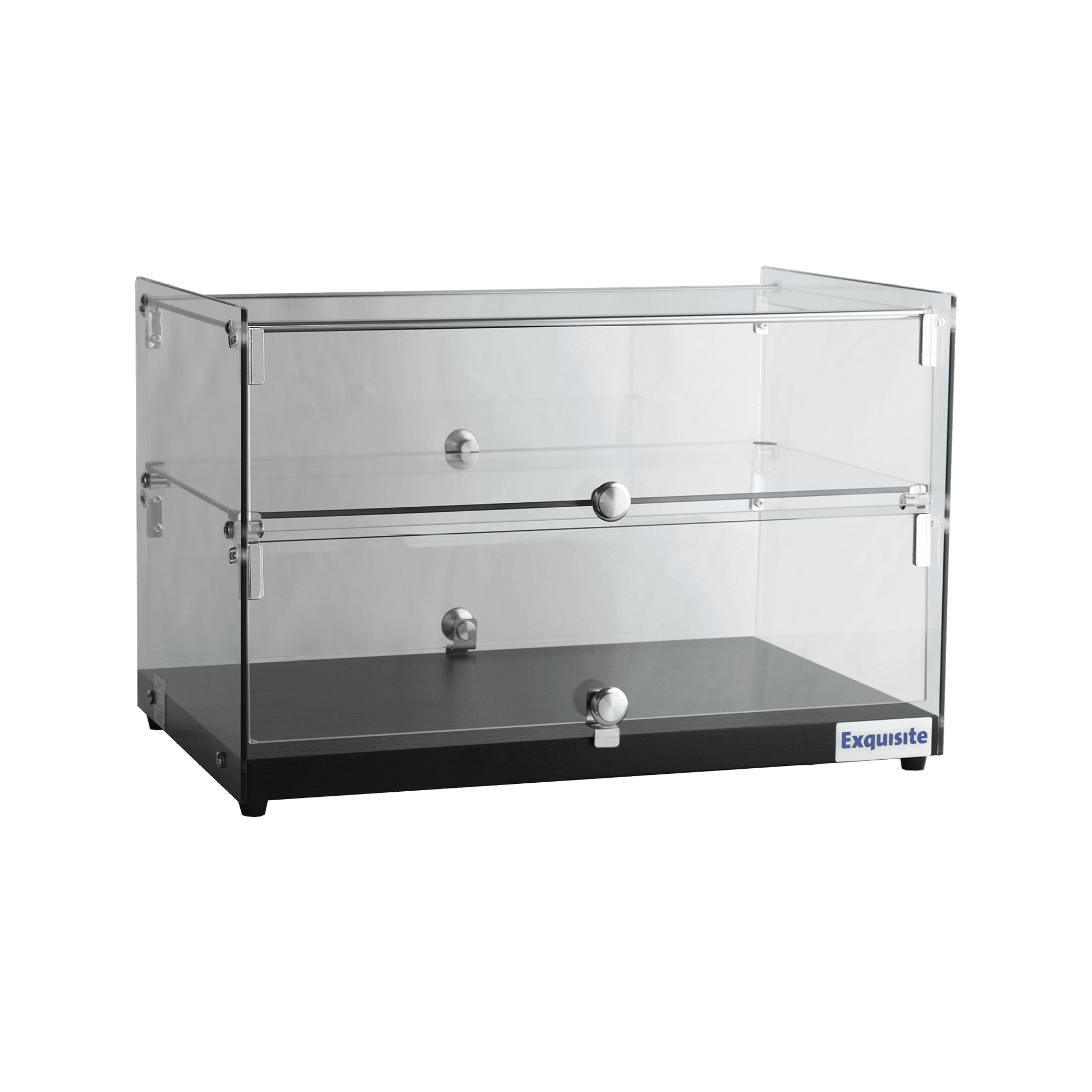 Two-tier black woodgrain ambient cake display with clear flat glass panels and metal knobs.