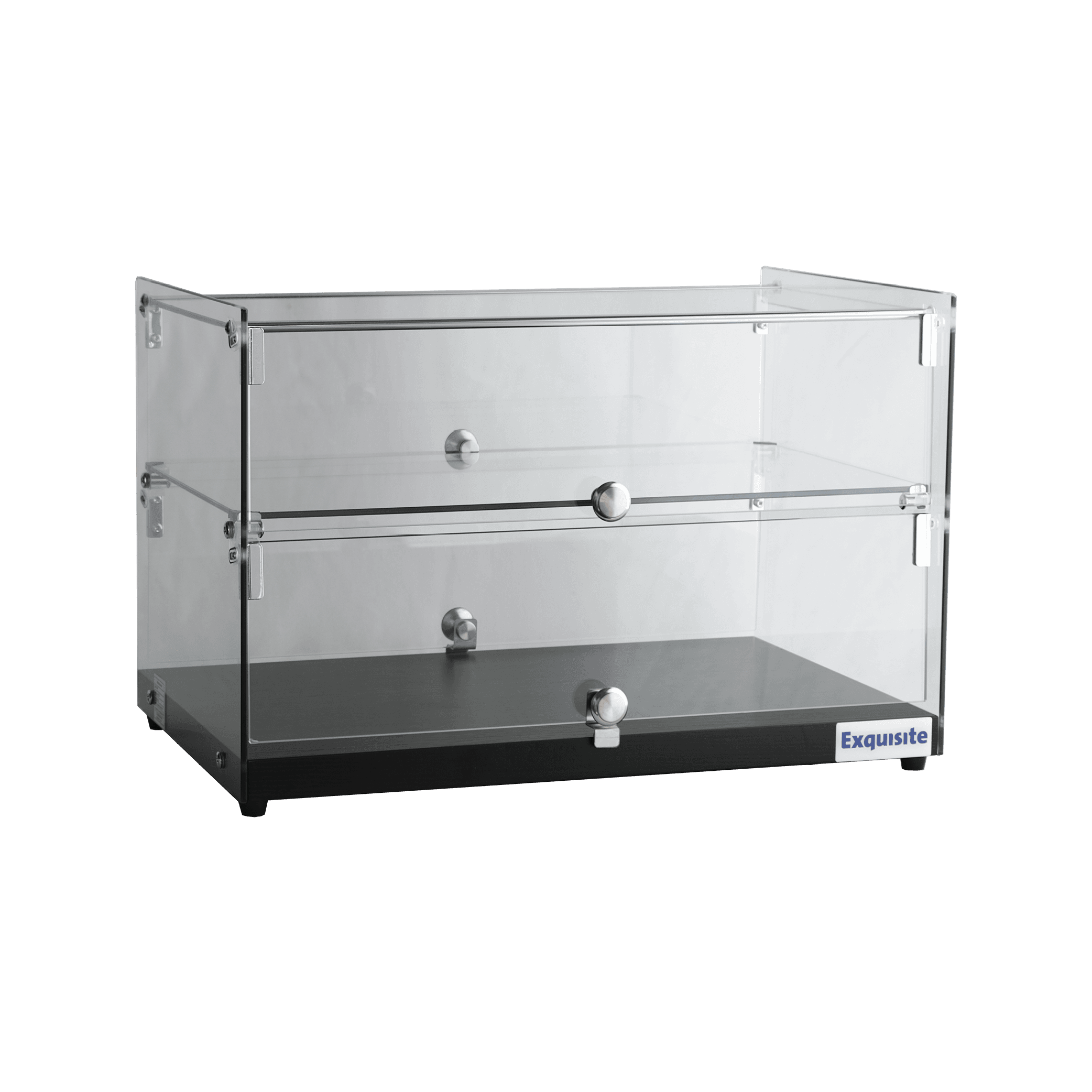 Two-tier black woodgrain ambient cake display with clear flat glass panels and metal knobs.