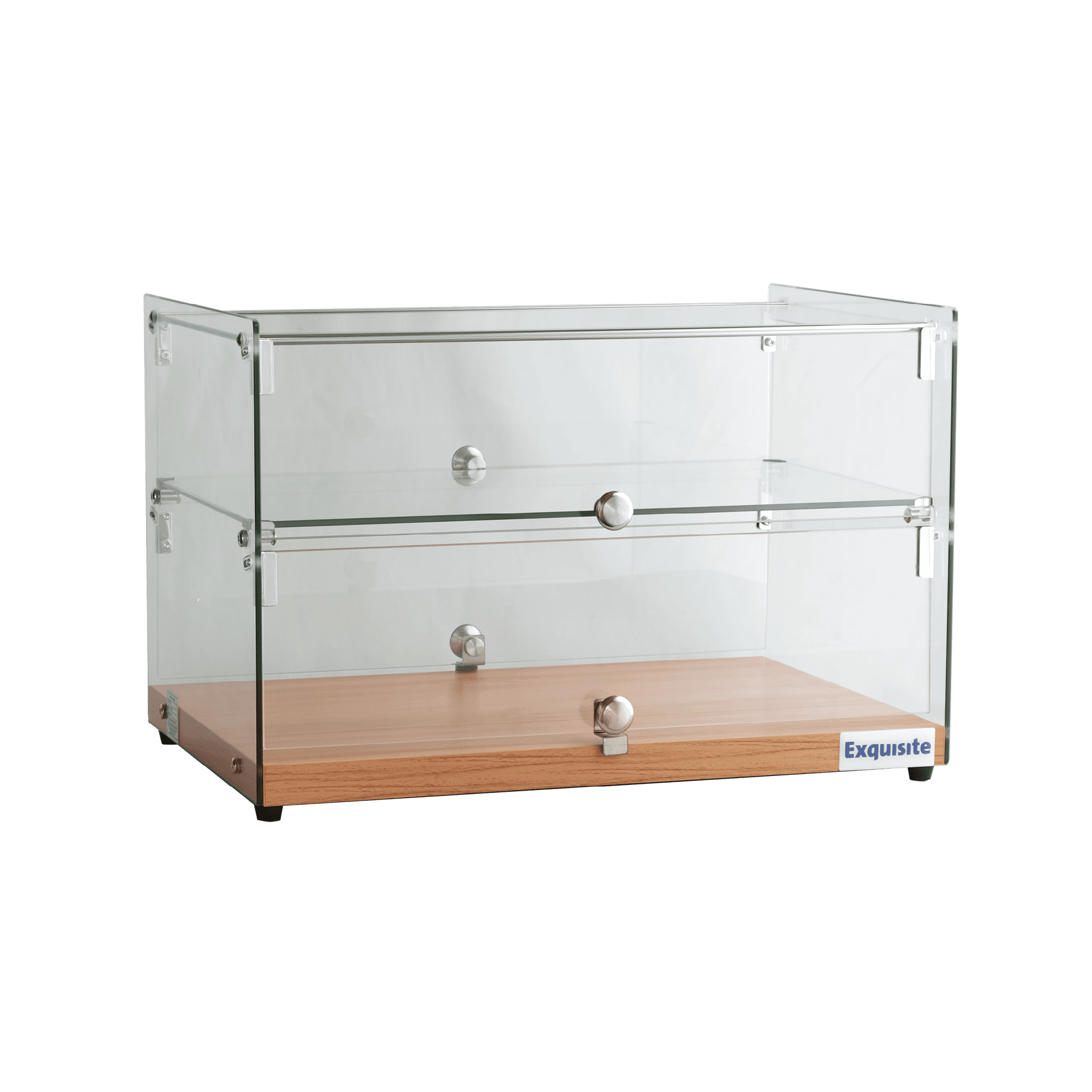 Two-tier ambient cake display with clear glass panels and natural oak base, silver knobs.