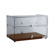 Two-tier ambient cake display with clear glass panels and walnut wood base, silver knobs.