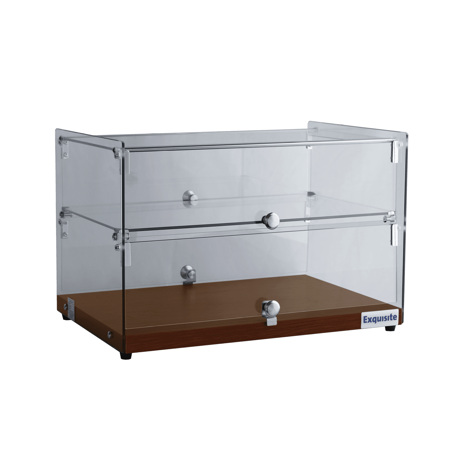 Two-tier ambient cake display with clear glass panels and walnut wood base, silver knobs.