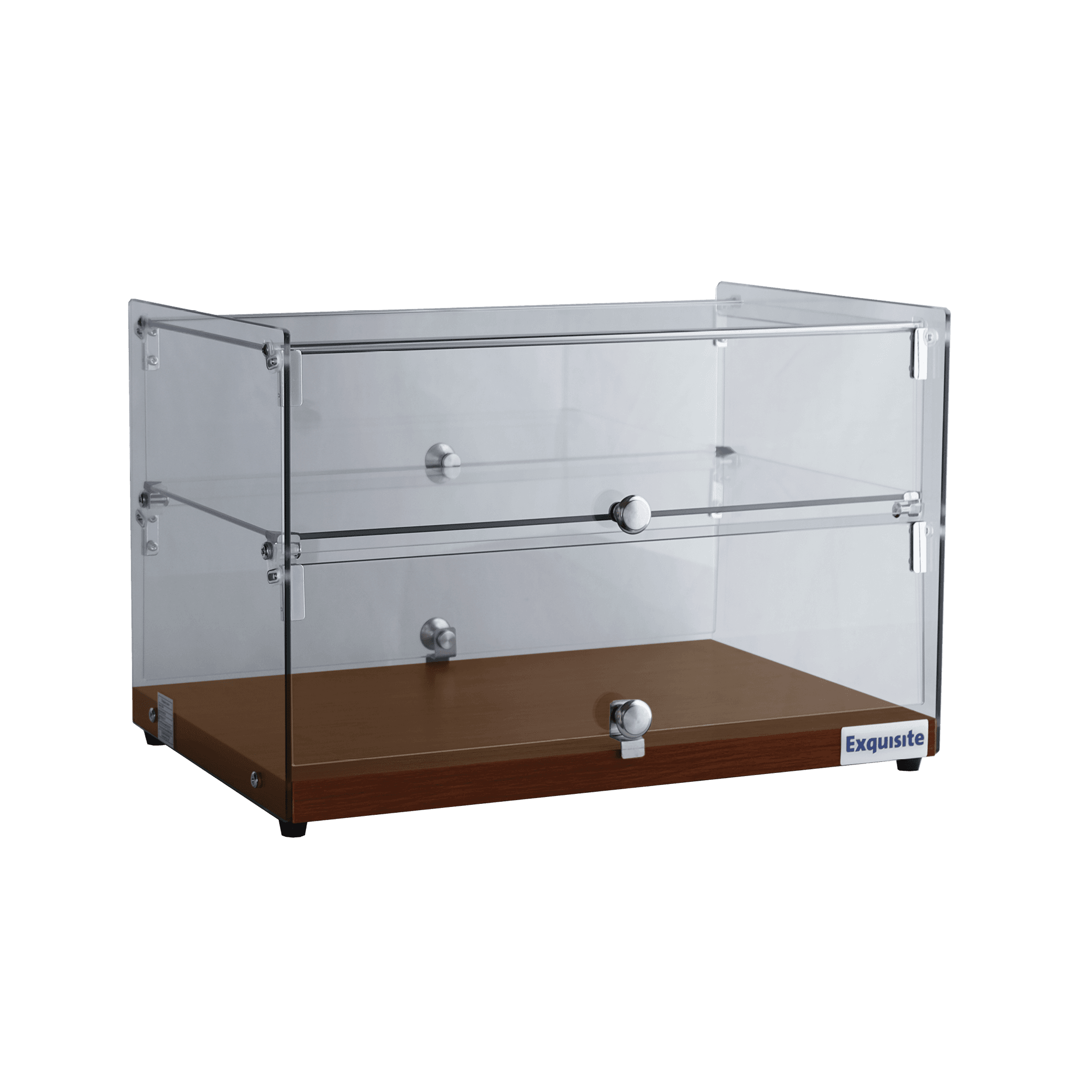 Two-tier ambient cake display with clear glass panels and walnut wood base, silver knobs.