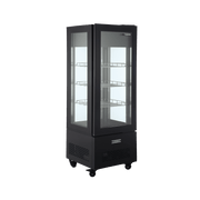 Black four-sided glass upright freezer with LED lighting and adjustable wire shelves on caster wheels.