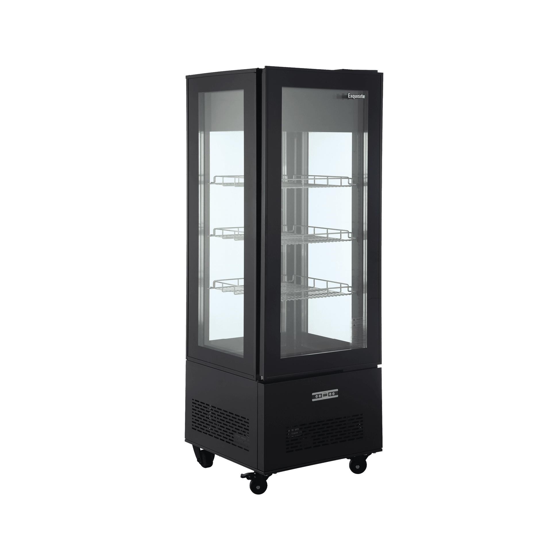 Black four-sided glass upright freezer with LED lighting and adjustable wire shelves on caster wheels.
