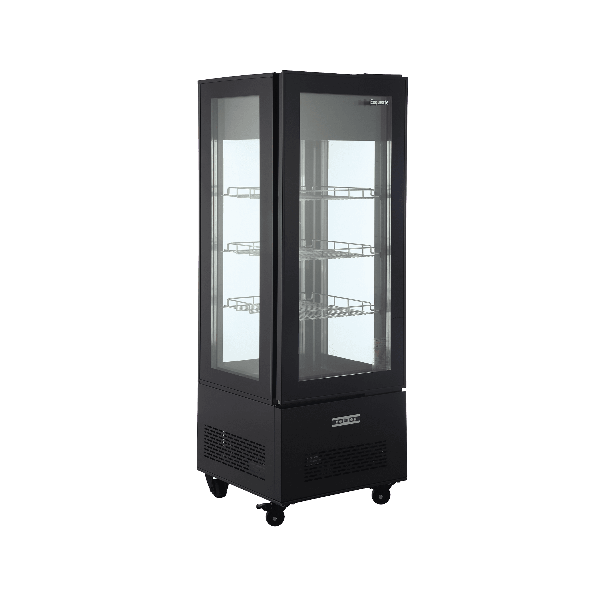Black four-sided glass upright freezer with LED lighting and adjustable wire shelves on caster wheels.