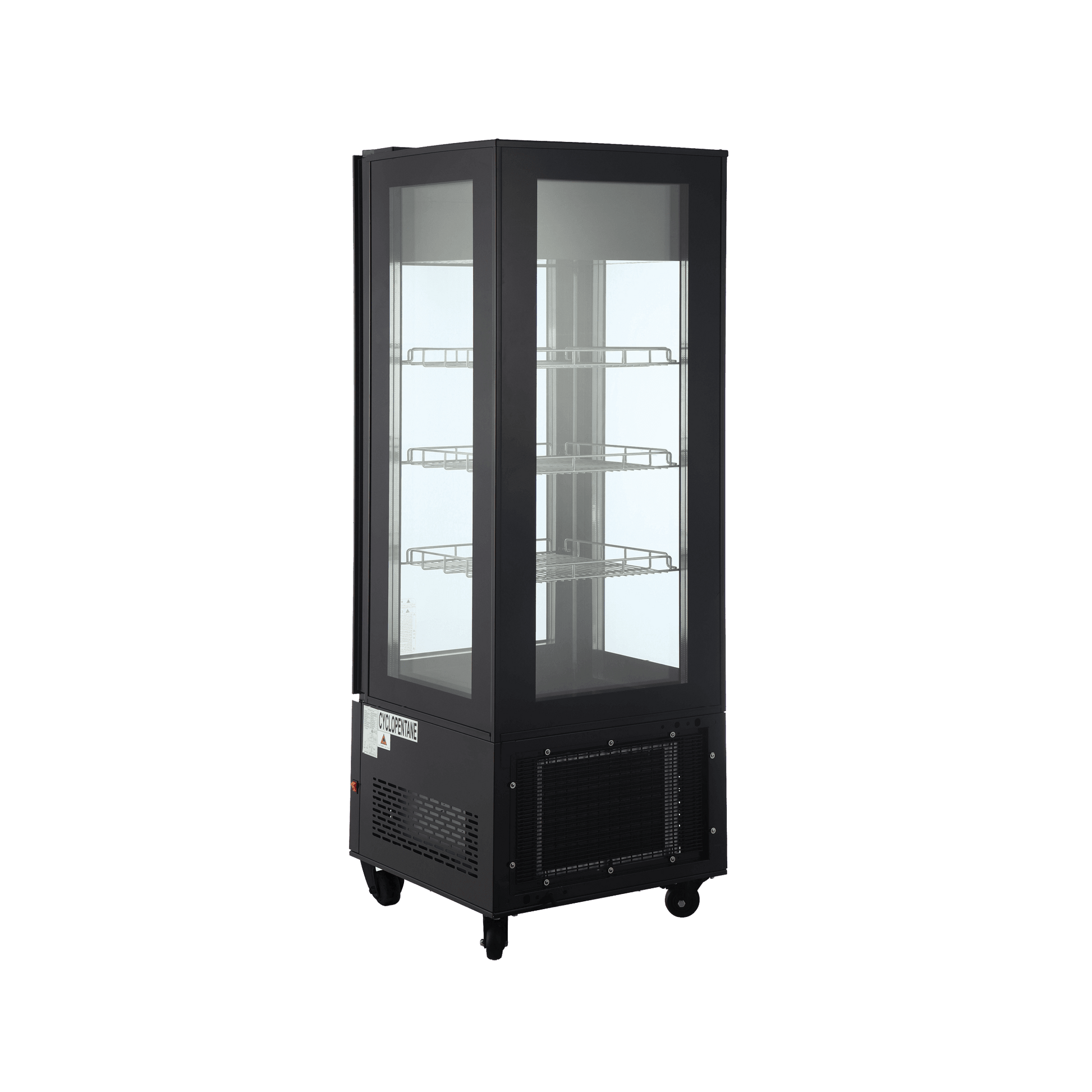 Black four-sided glass upright display freezer with LED lighting and painted steel frame.