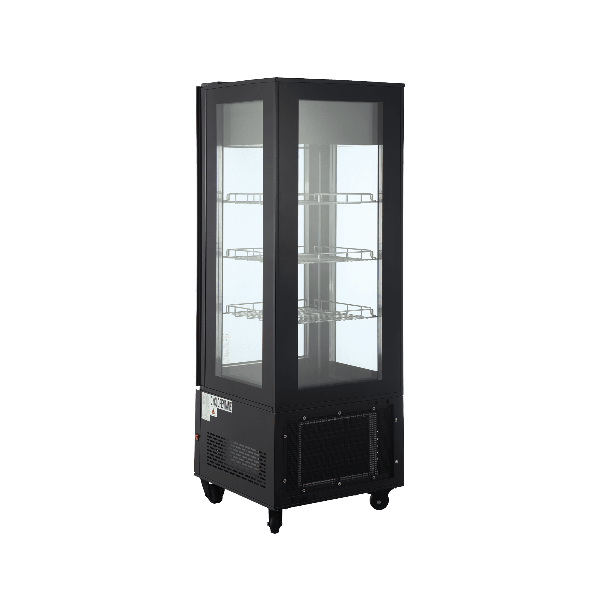 Black four-sided glass upright display freezer with LED lighting and painted steel frame.