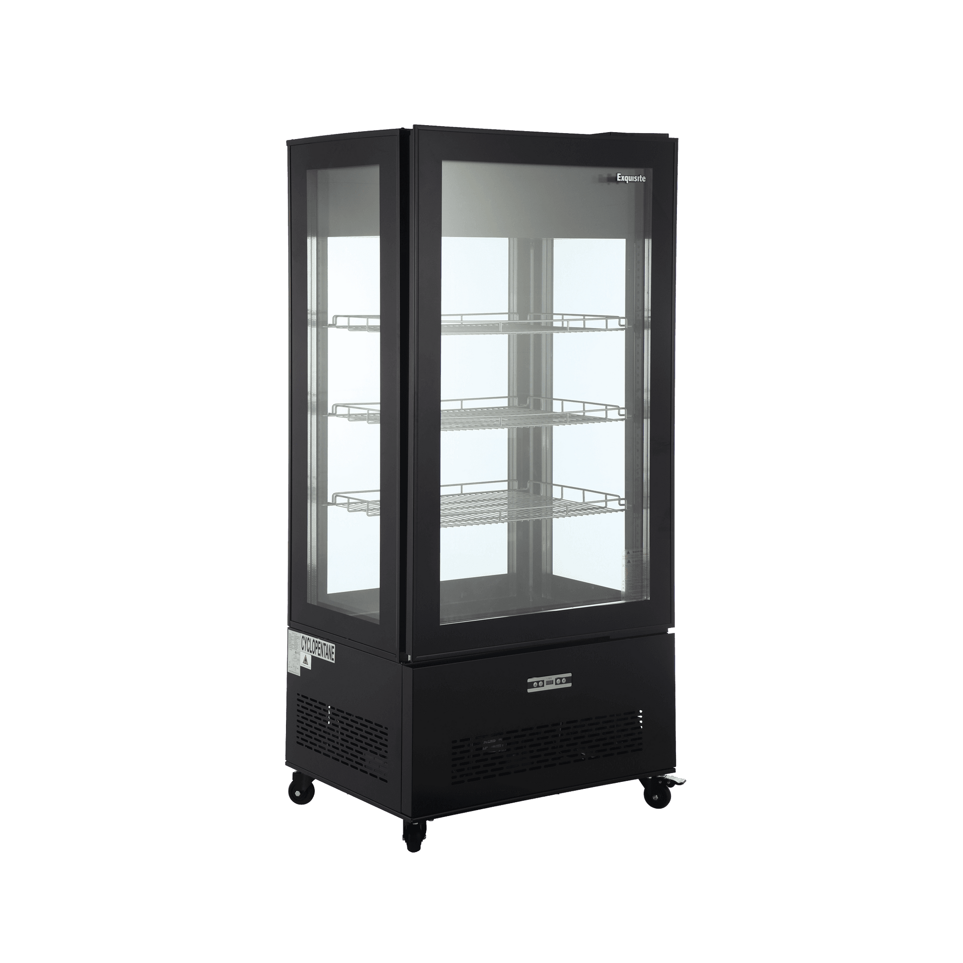 Black four-sided glass upright display freezer with LED lighting and metal base on caster wheels.