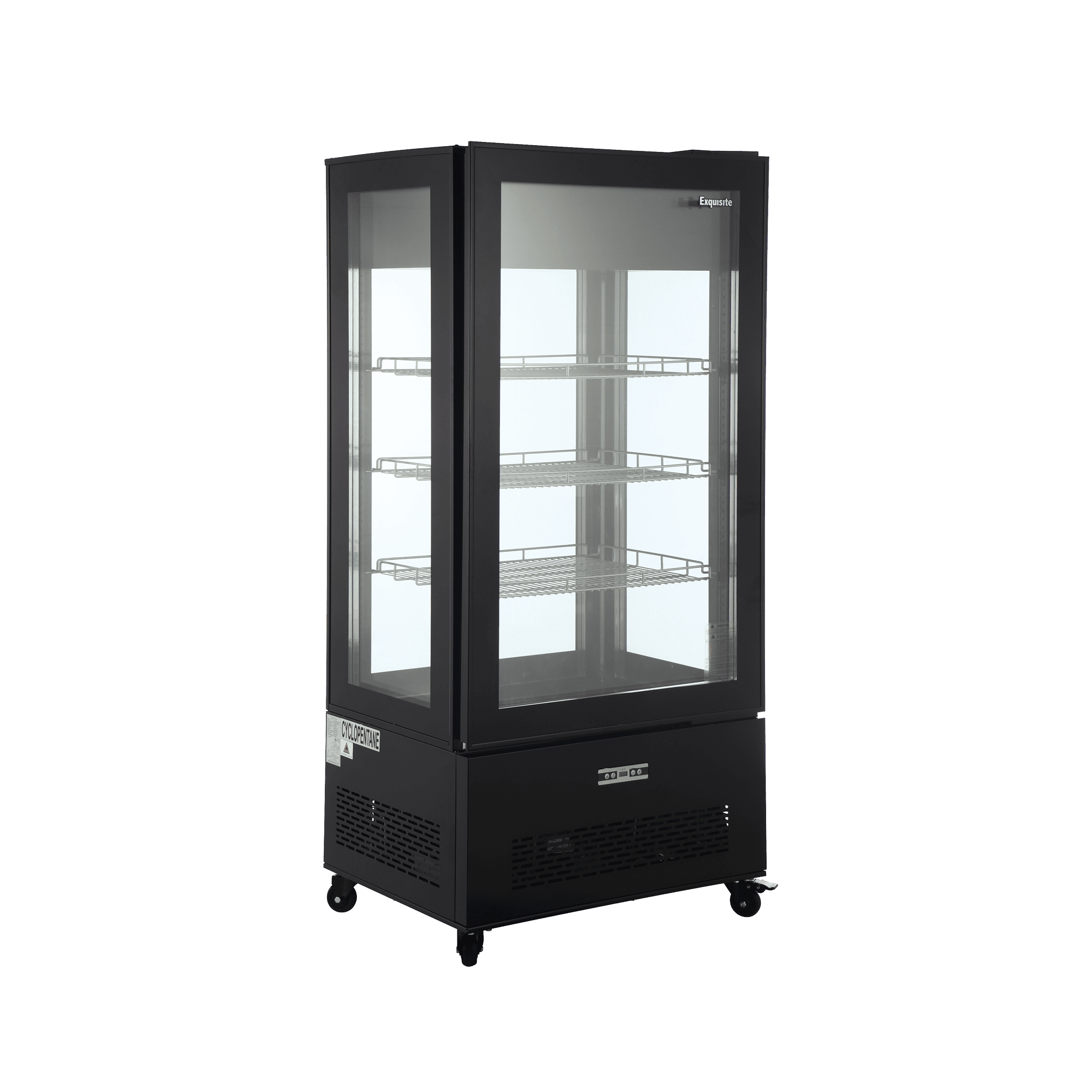 Black four-sided glass upright display freezer with LED lighting and metal base on caster wheels.