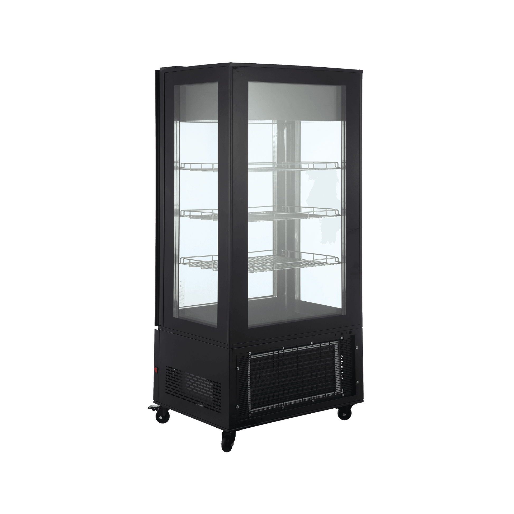 Black four-sided glass upright display freezer with LED lighting and painted steel frame on caster wheels.