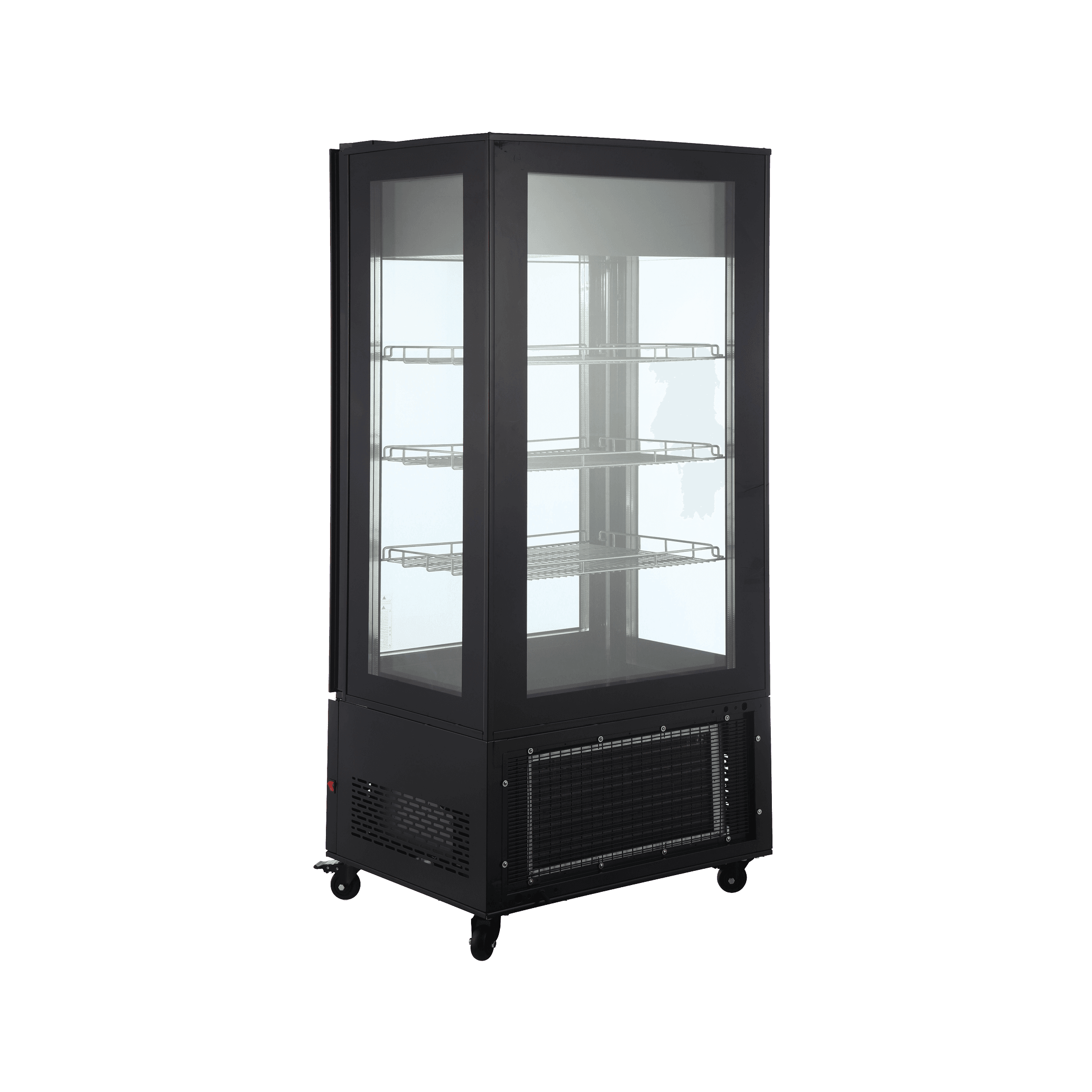 Black four-sided glass upright display freezer with LED lighting and painted steel frame on caster wheels.