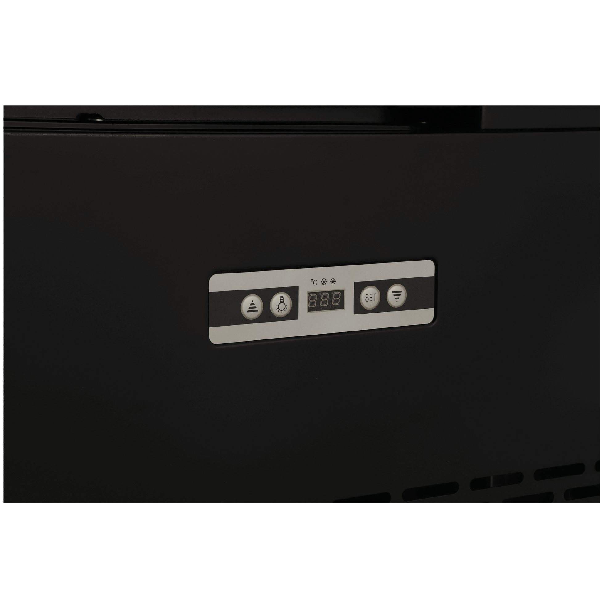 Black upright freezer control panel with digital display and four buttons.