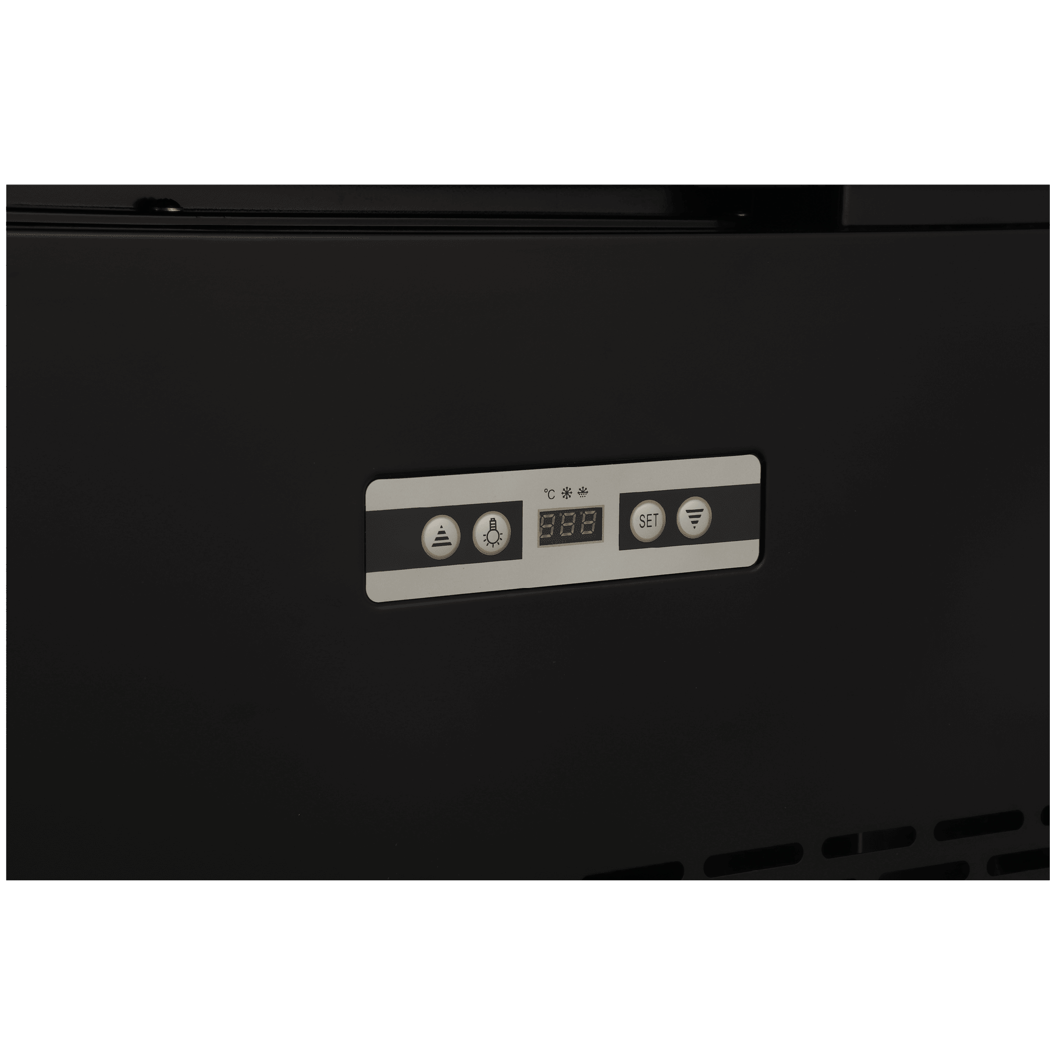 Black upright freezer control panel with digital display and four buttons.