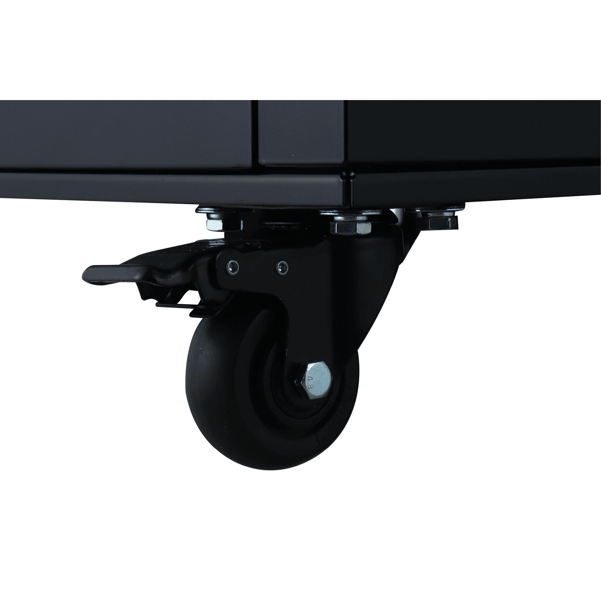 Black caster wheel with locking mechanism attached to the base of a painted steel display freezer panel.