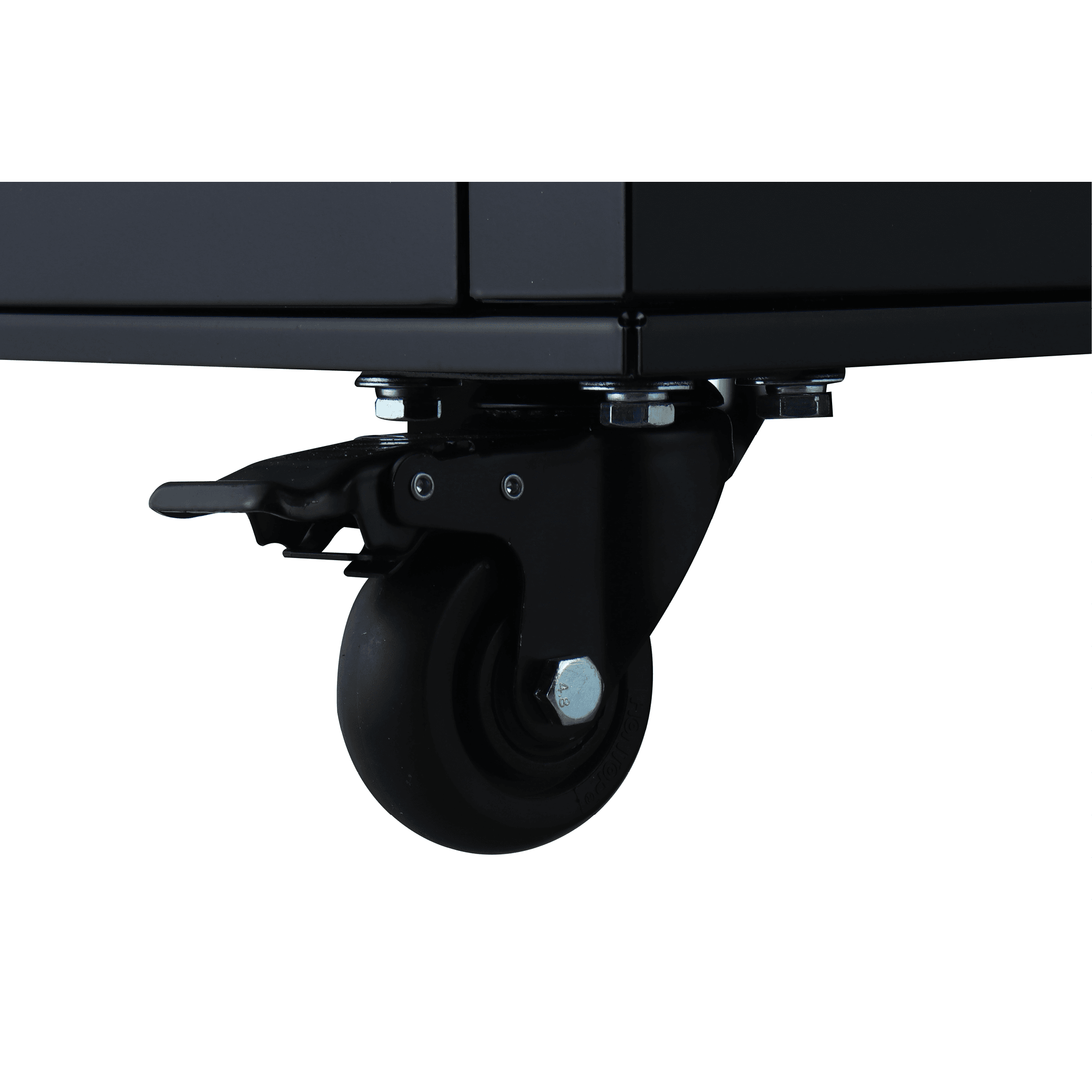 Black caster wheel with locking mechanism attached to the base of a painted steel display freezer panel.