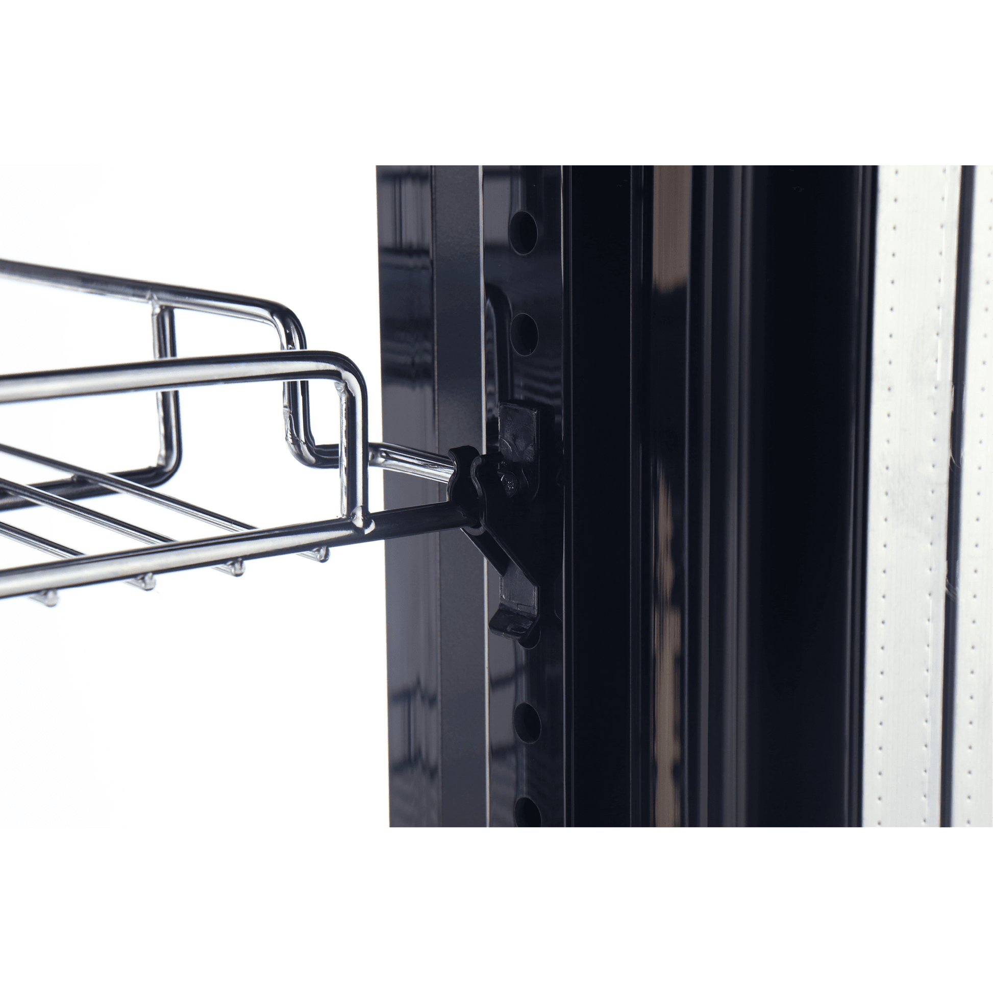 Black painted steel frame with adjustable metal wire shelving and clear glass panels on side edges.