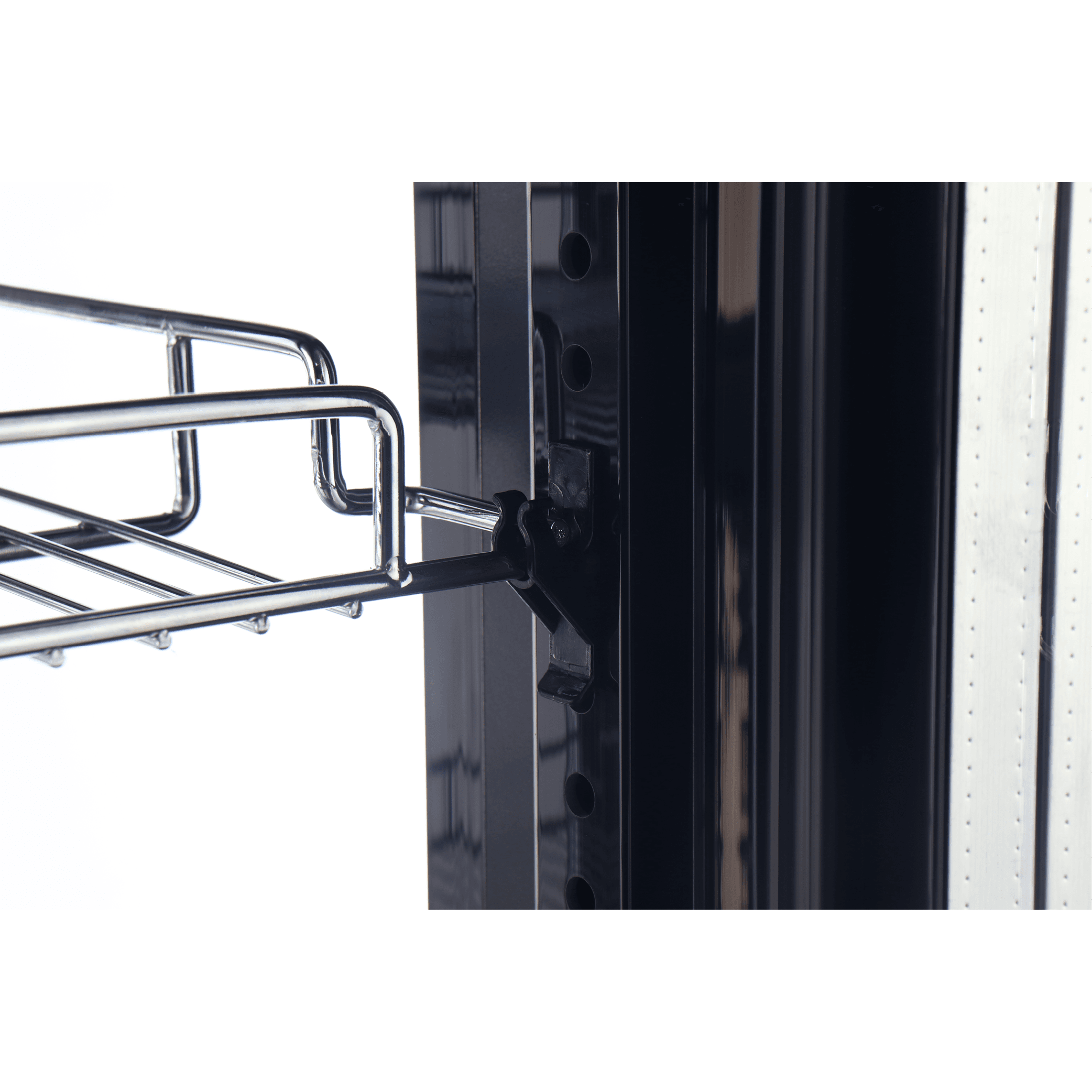 Close-up of black painted steel frame with adjustable metal wire shelving bracket on a glass panel display freezer.