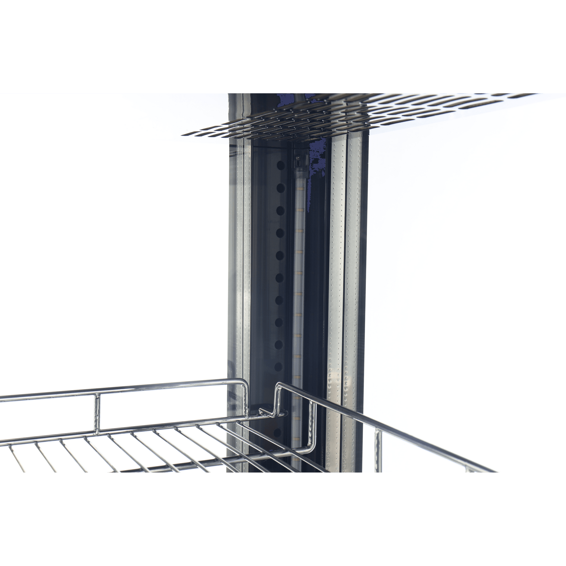 Close-up of black metal frame and chrome wire shelving inside a four-sided glass upright display freezer.