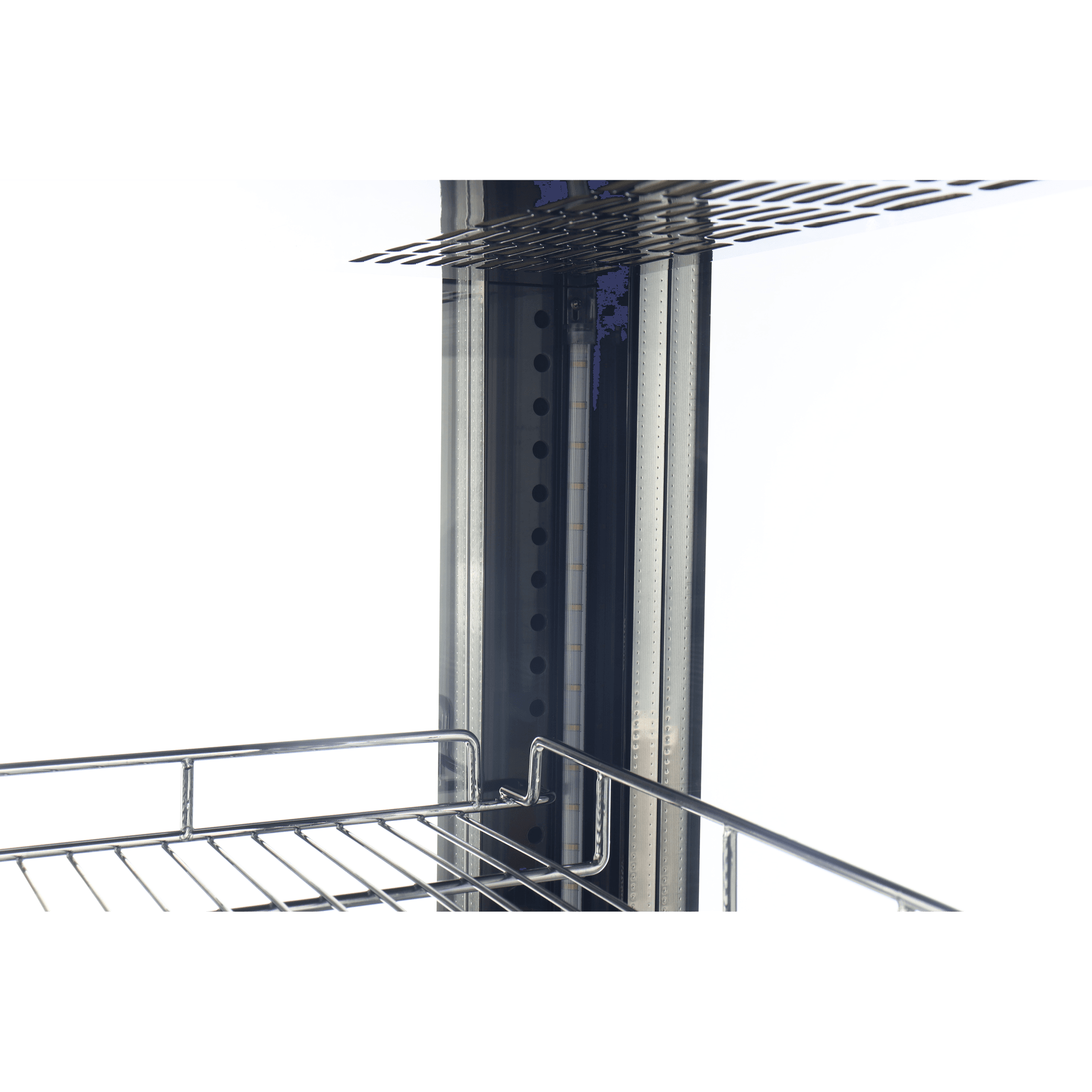 Close-up of black metal frame and chrome wire shelving inside a four-sided glass upright display freezer.