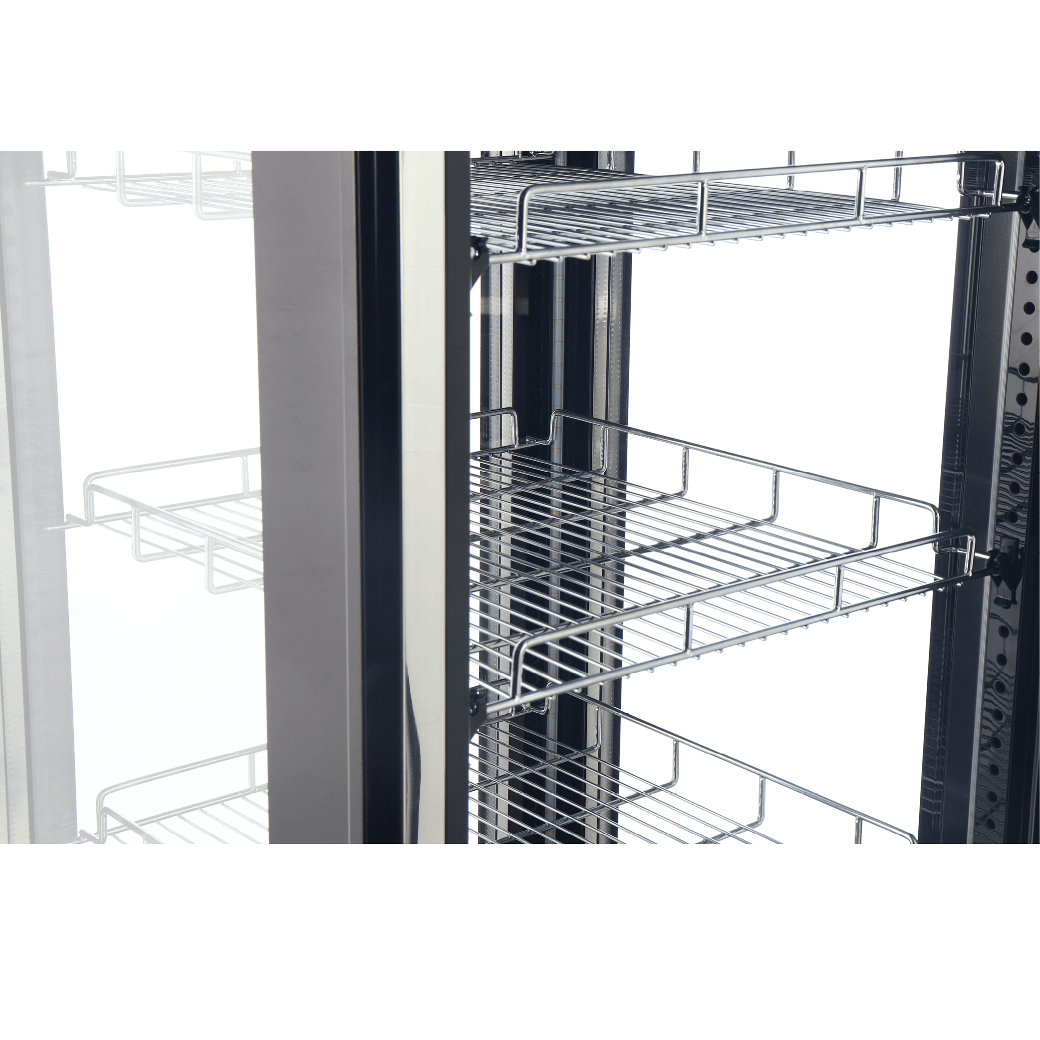 Black upright freezer with four-sided clear glass panels and adjustable metal wire shelves inside.