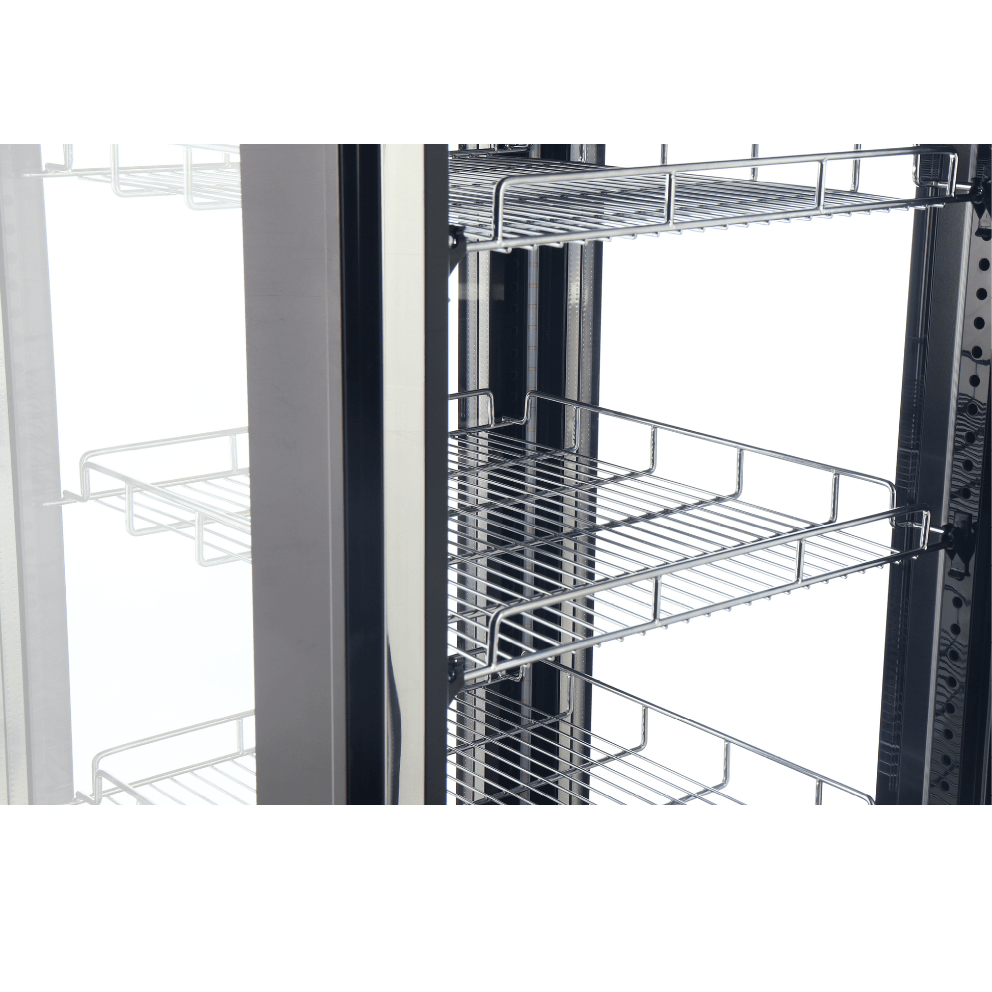 Black four-sided glass upright display freezer with metal wire shelves and LED lighting inside.