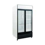 White upright display refrigerator with one glass door, black base, and adjustable shelves.