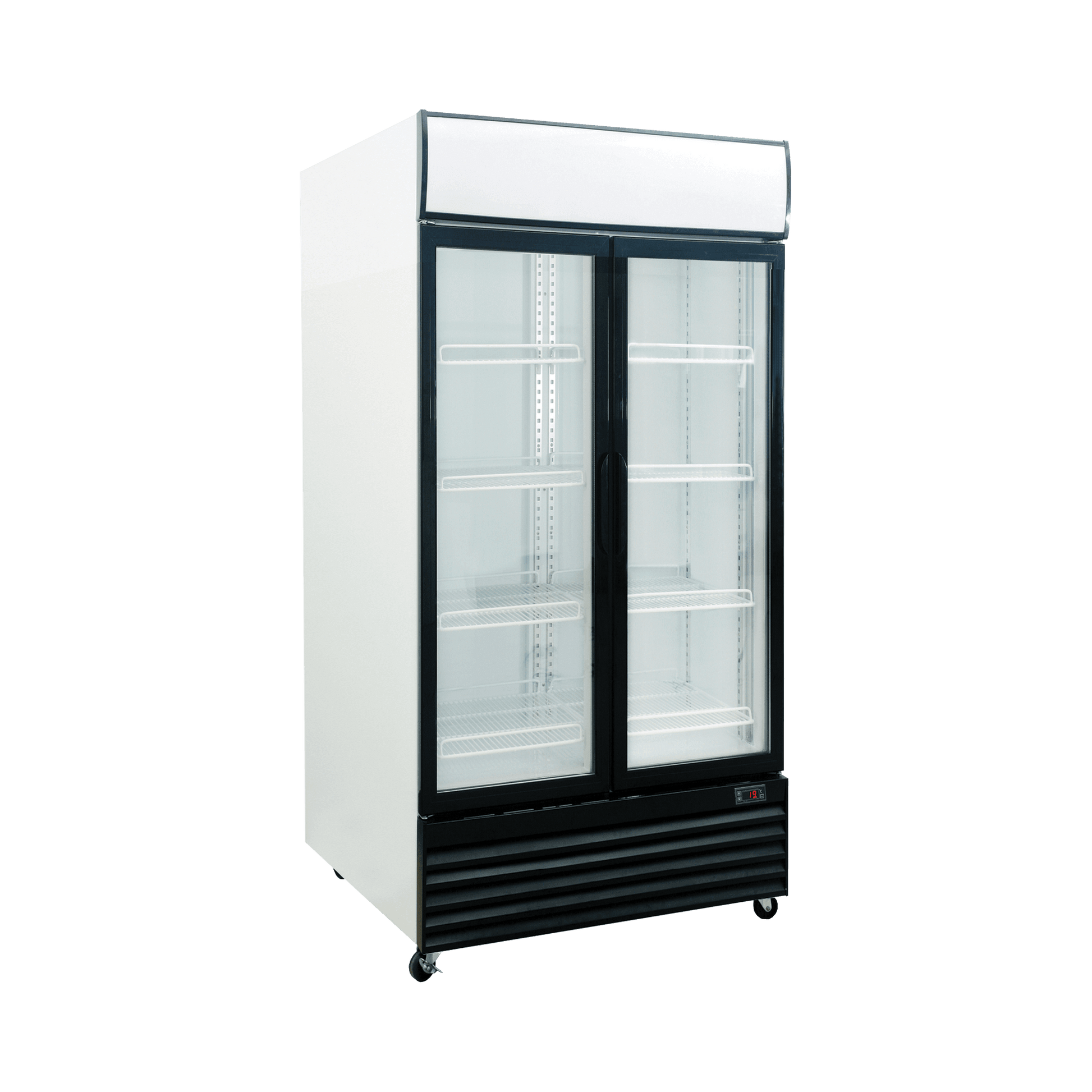 White upright display refrigerator with one glass door, black base, and adjustable shelves.